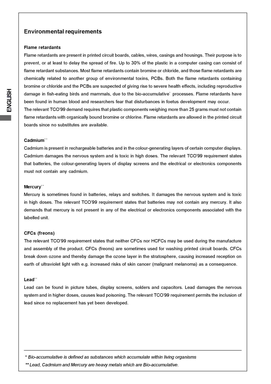 Iiyama H1900, H2130, H2010 user manual Environmental requirements, Flame retardants 