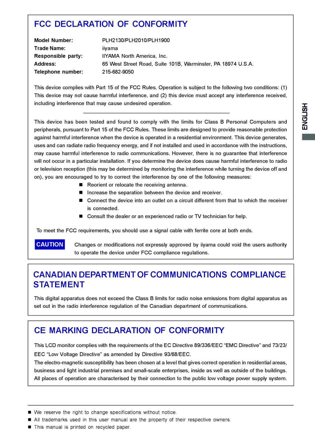 Iiyama H2010, H2130, H1900 user manual FCC Declaration of Conformity 