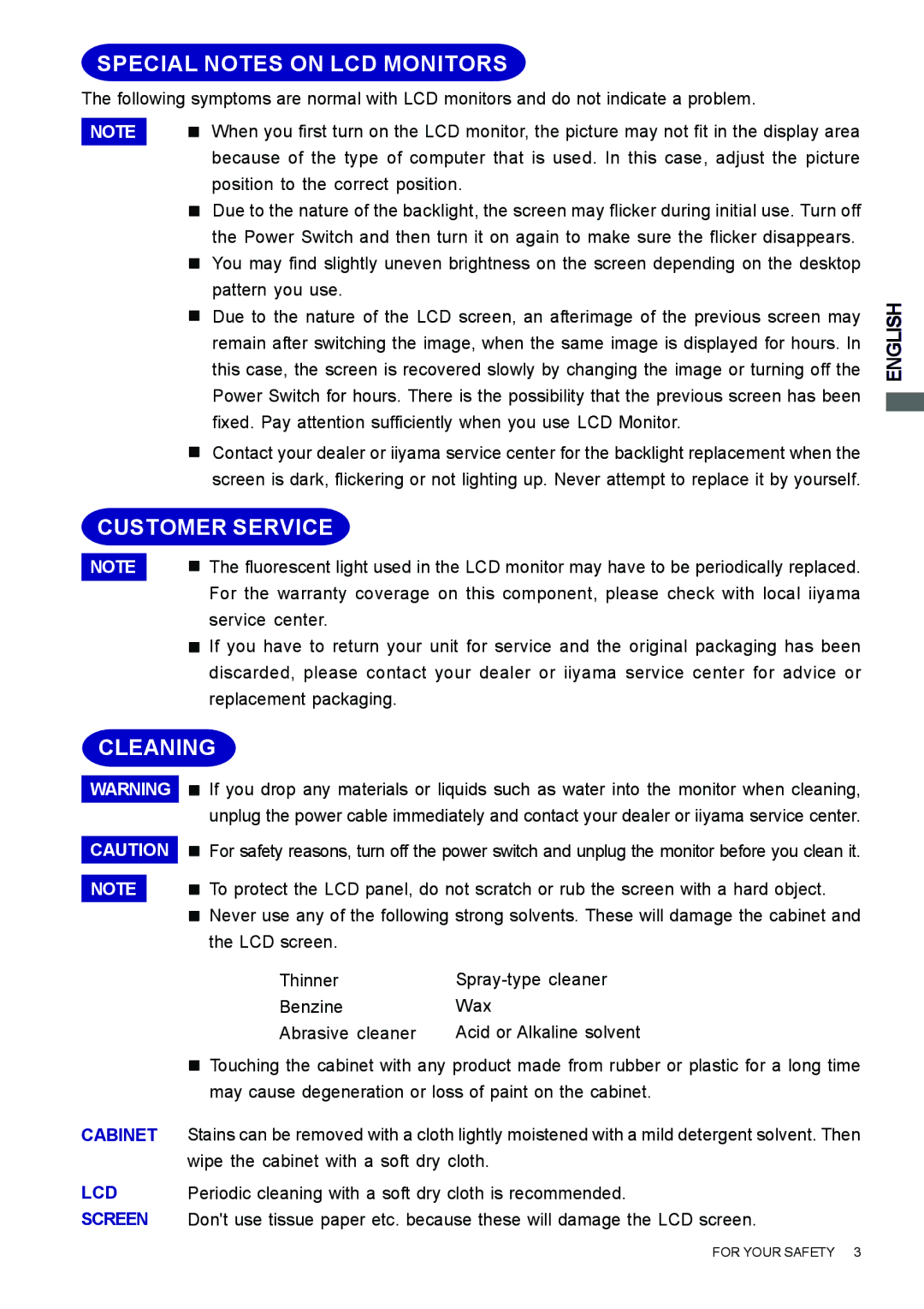 Iiyama H2130, H1900, H2010 user manual Special Notes on LCD Monitors, Customer Service, Cleaning 