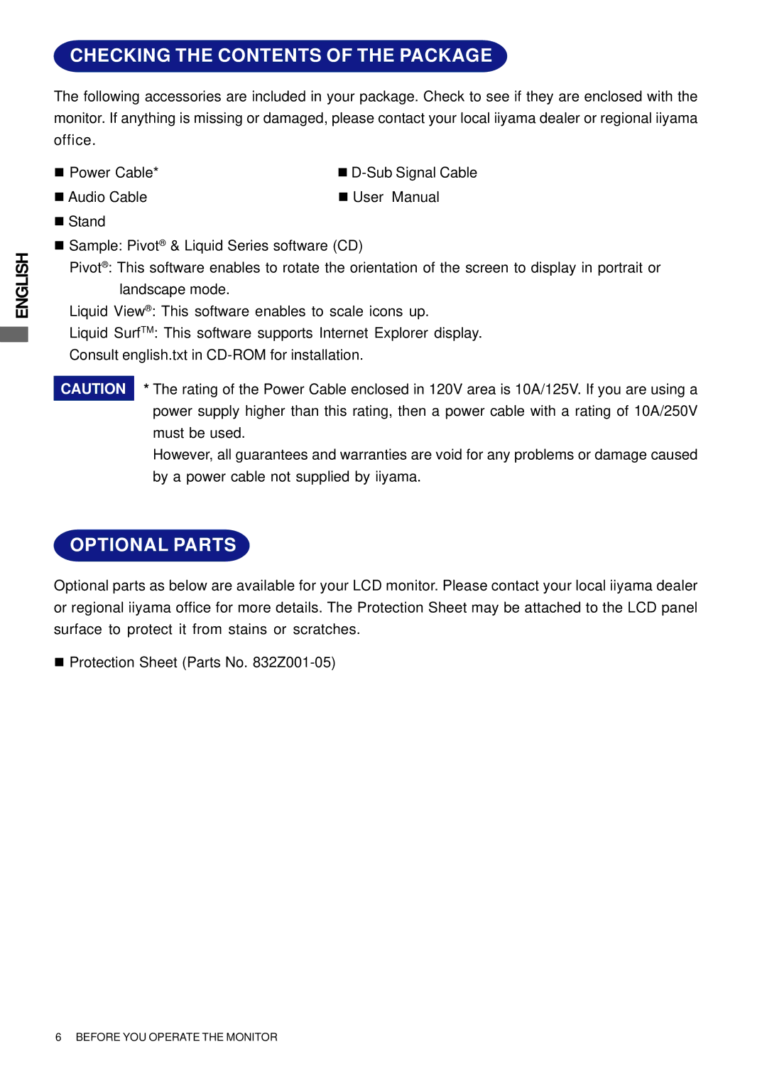 Iiyama H511S user manual Checking the Contents of the Package, Optional Parts 