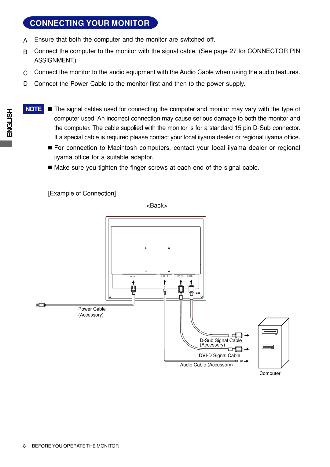 Iiyama H511S user manual Connecting Your Monitor 