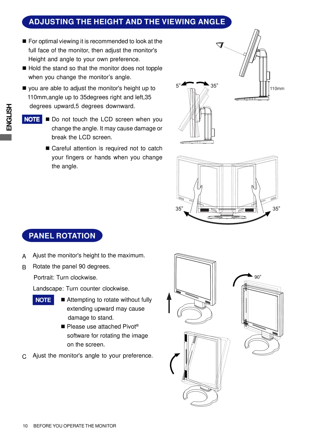 Iiyama H511S user manual Adjusting the Height and the Viewing Angle, Panel Rotation 