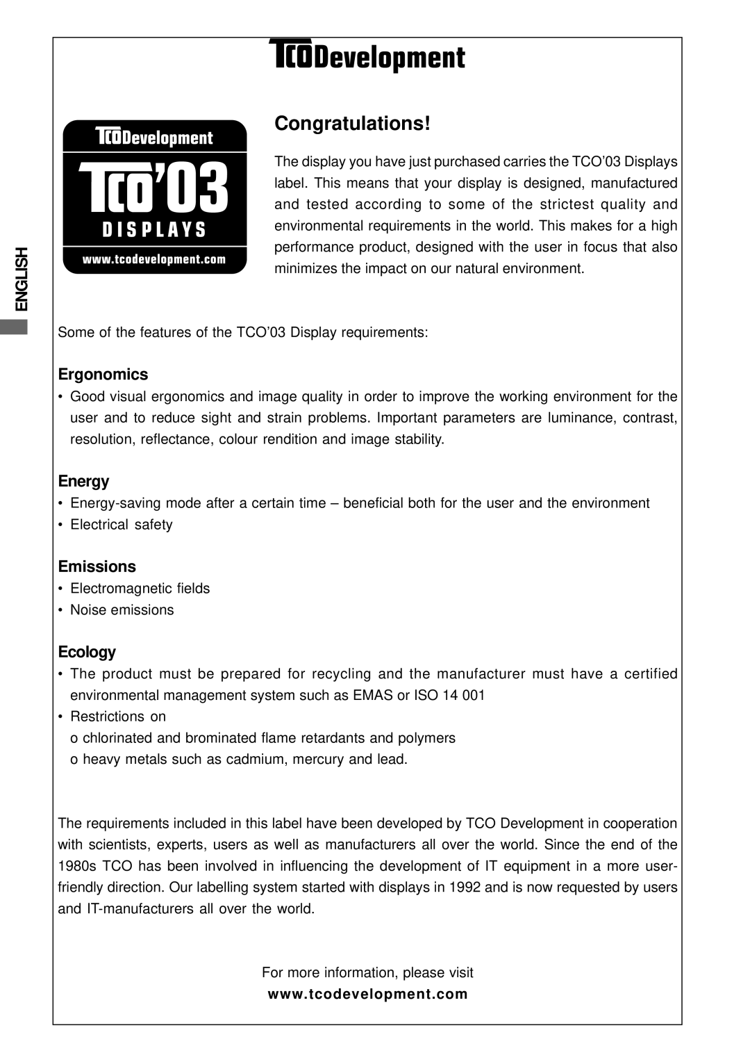 Iiyama H511S user manual Ergonomics, Energy, Emissions, Ecology 