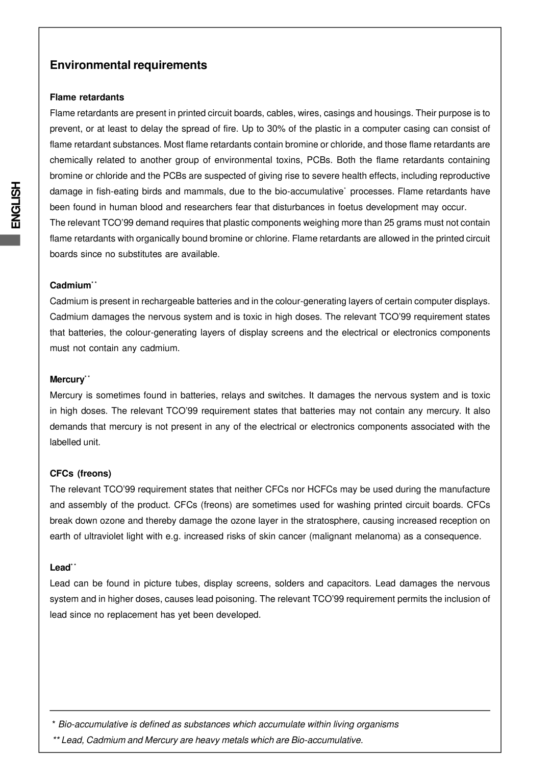 Iiyama H511S user manual Environmental requirements, Flame retardants 