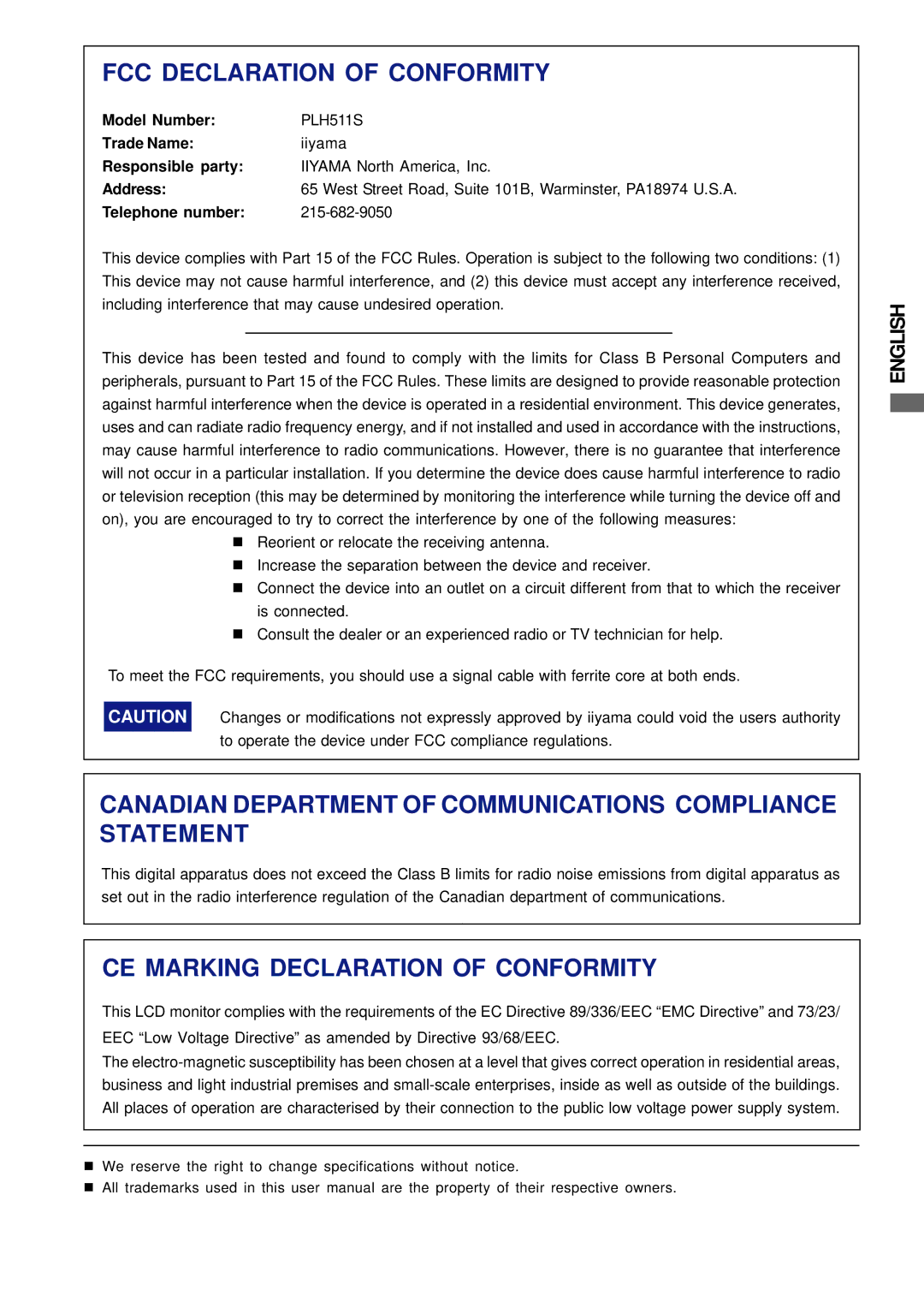 Iiyama H511S user manual FCC Declaration of Conformity 