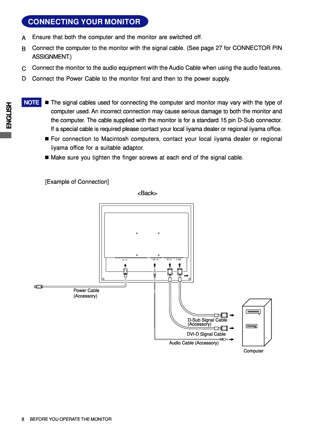 Iiyama H511S user manual Connecting Your Monitor, English 