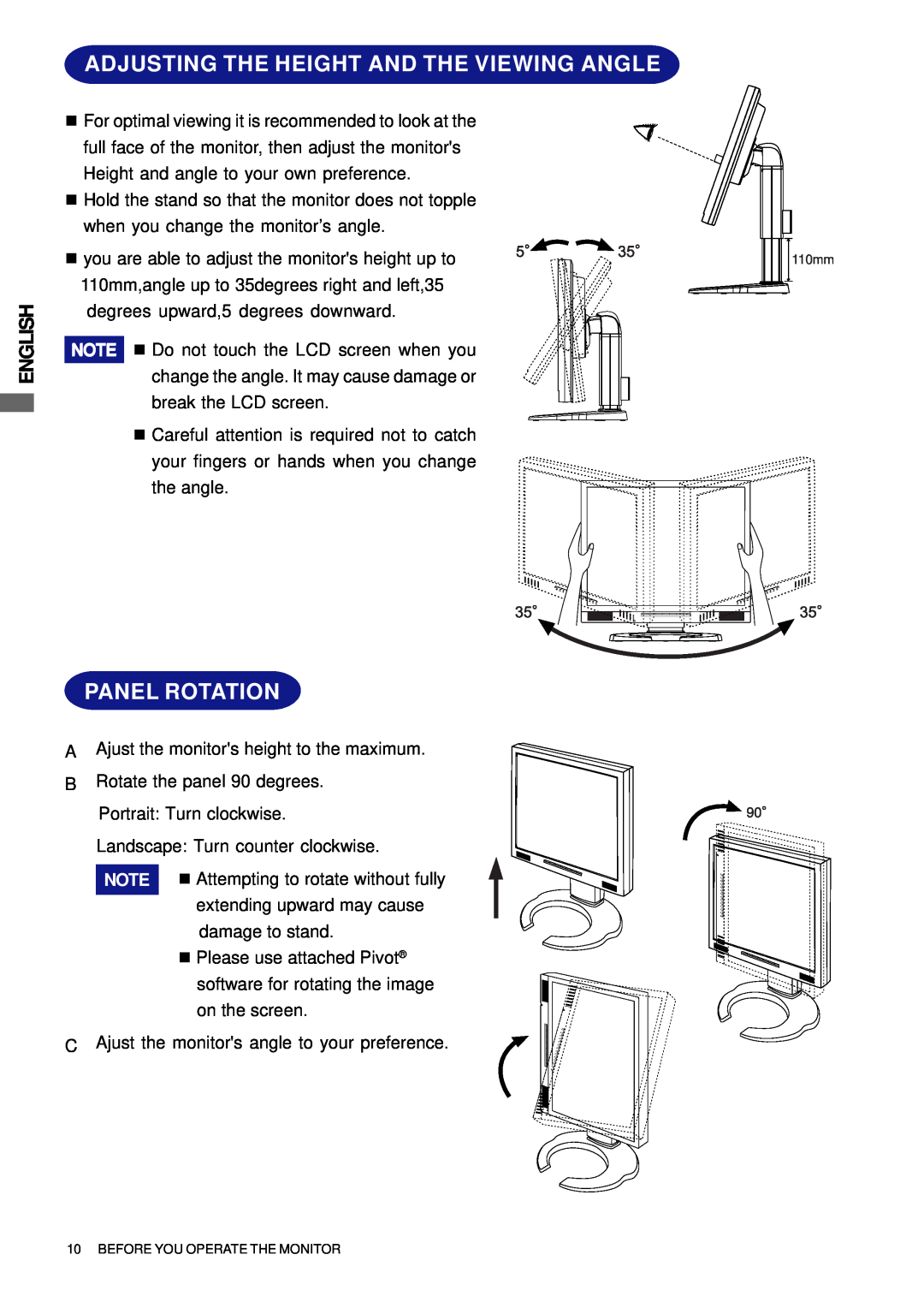 Iiyama H511S user manual Adjusting The Height And The Viewing Angle, Panel Rotation, English 
