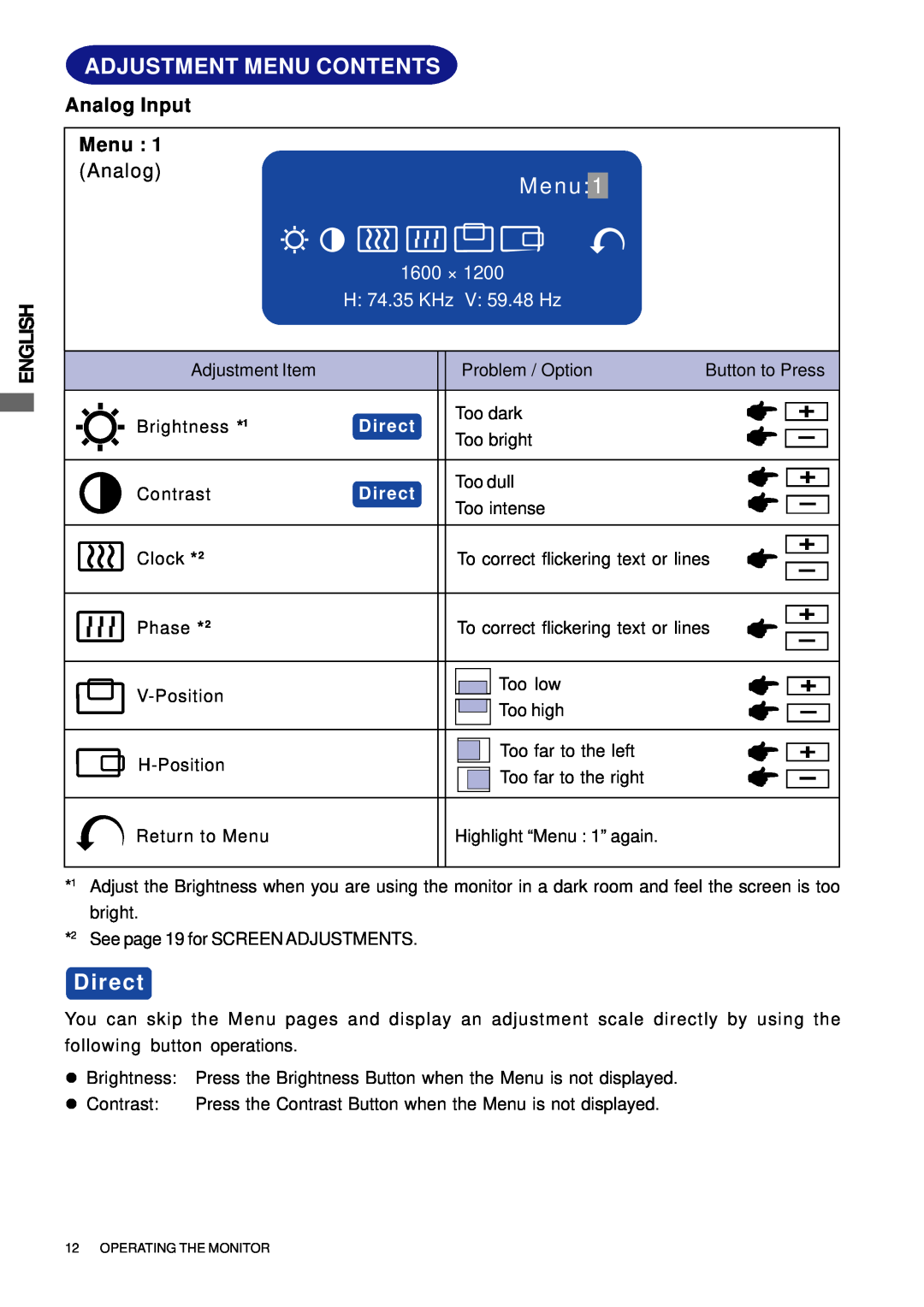 Iiyama H511S user manual Adjustment Menu Contents, M e n u, Direct, Analog Input Menu 1 Analog, English, 1600 × 