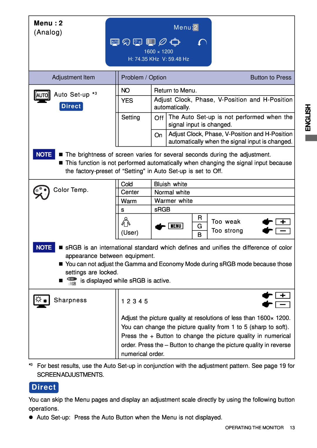 Iiyama H511S user manual Menu, Analog, Direct, English, M e n u 
