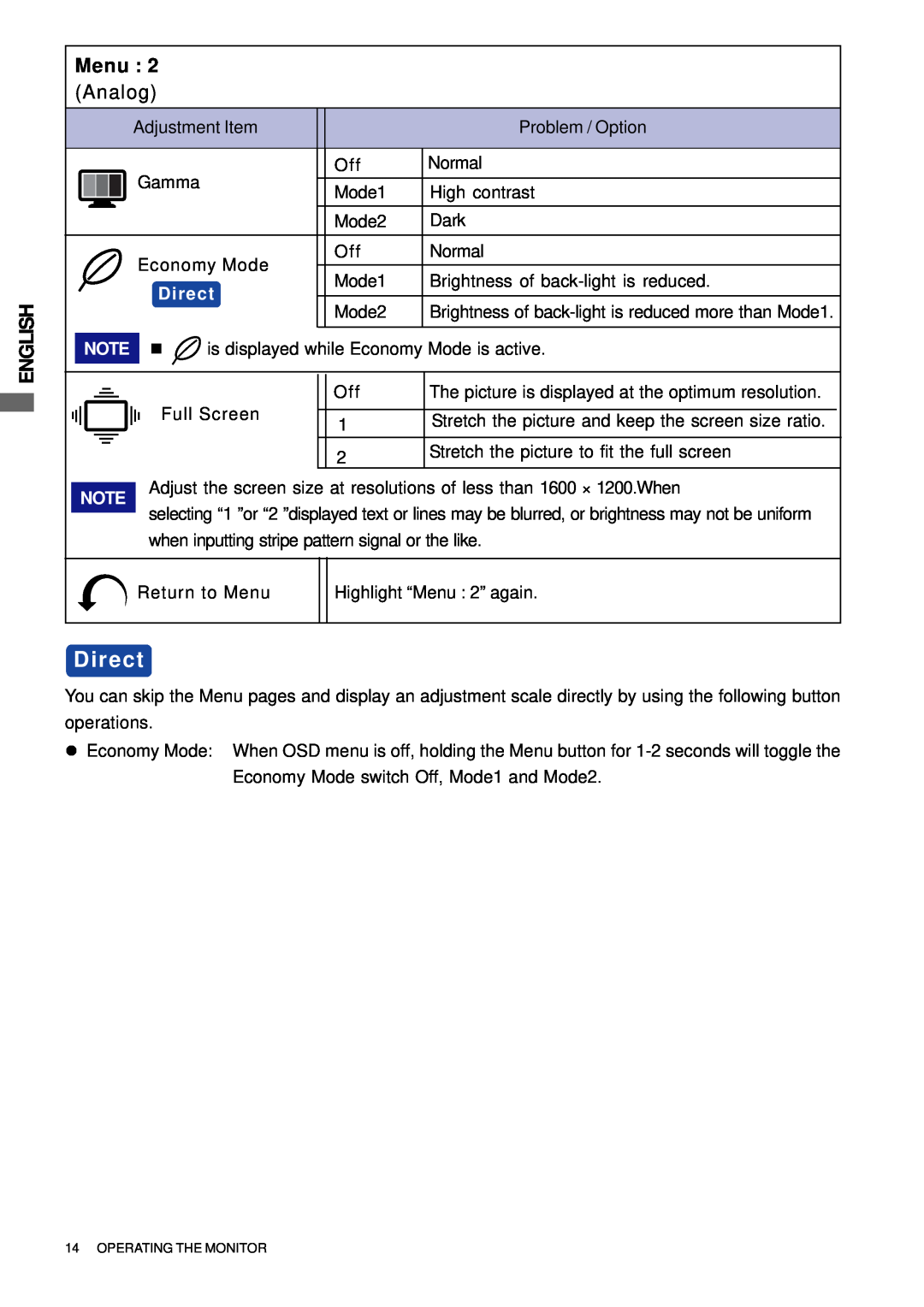 Iiyama H511S user manual Direct, English, Menu, Analog 