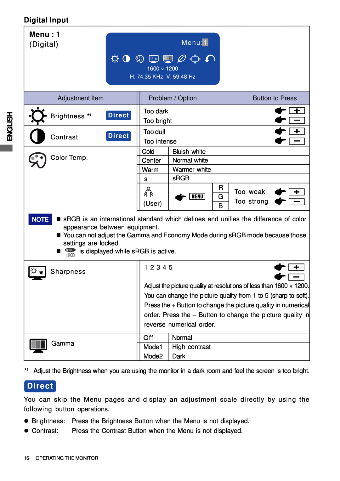Iiyama H511S user manual Digital Input, Direct, English, Menu, M e n u 