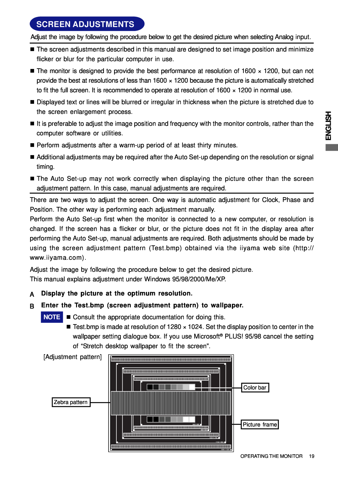 Iiyama H511S user manual Screen Adjustments, English, A Display the picture at the optimum resolution 