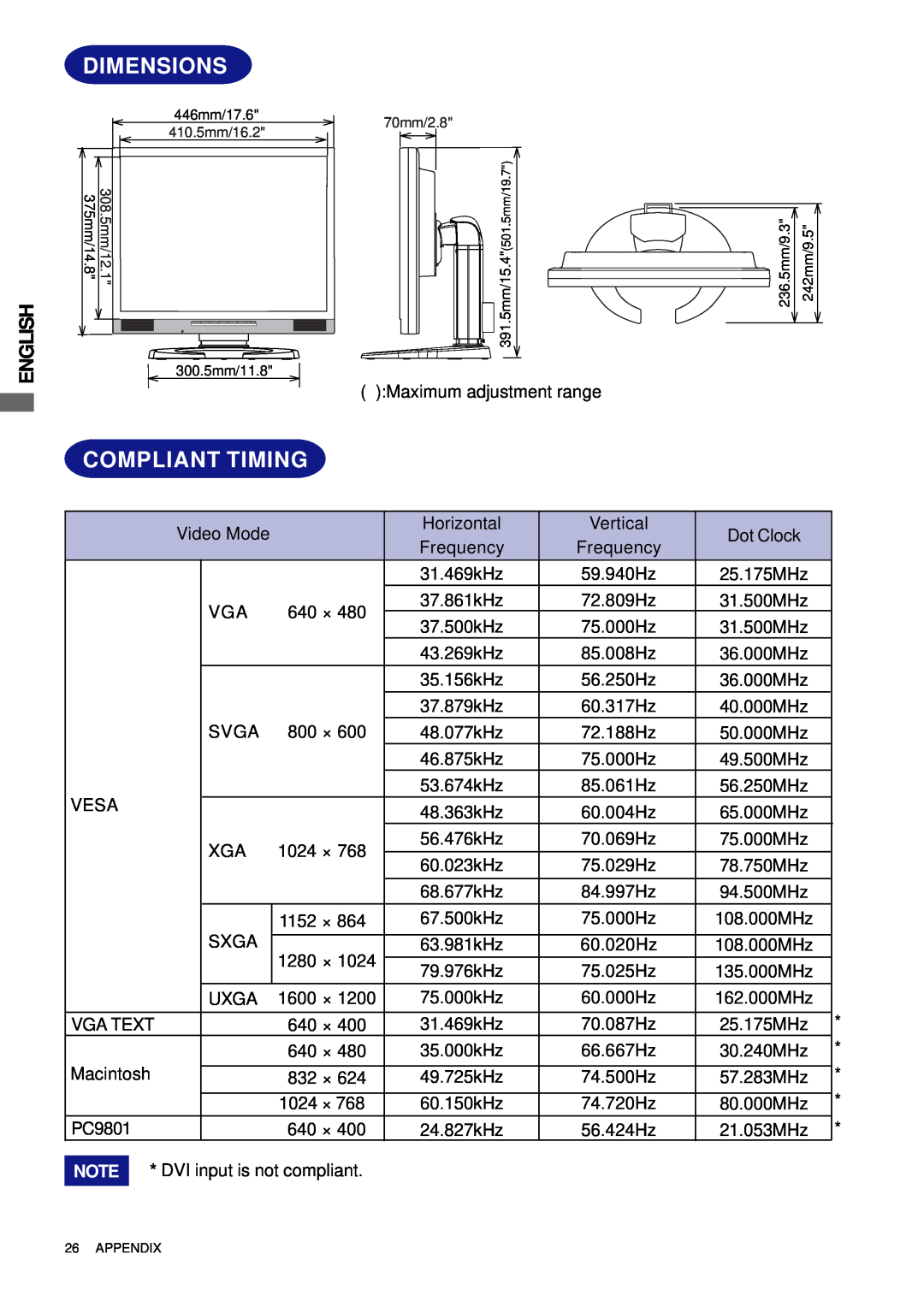 Iiyama H511S user manual Dimensions, Compliant Timing, English, 446mm/17.6, 300.5mm/11.8, 236.5mm/9.3, 242mm/9.5 