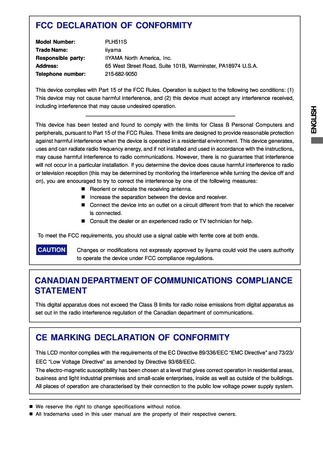 Iiyama Fcc Declaration Of Conformity, Canadian Department Of Communications Compliance Statement, English, PLH511S 