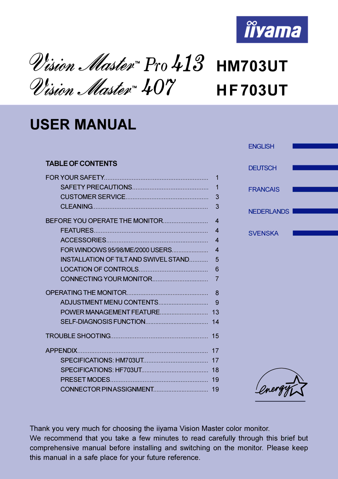 Iiyama HM703UT, HF703UT user manual Table of Contents 