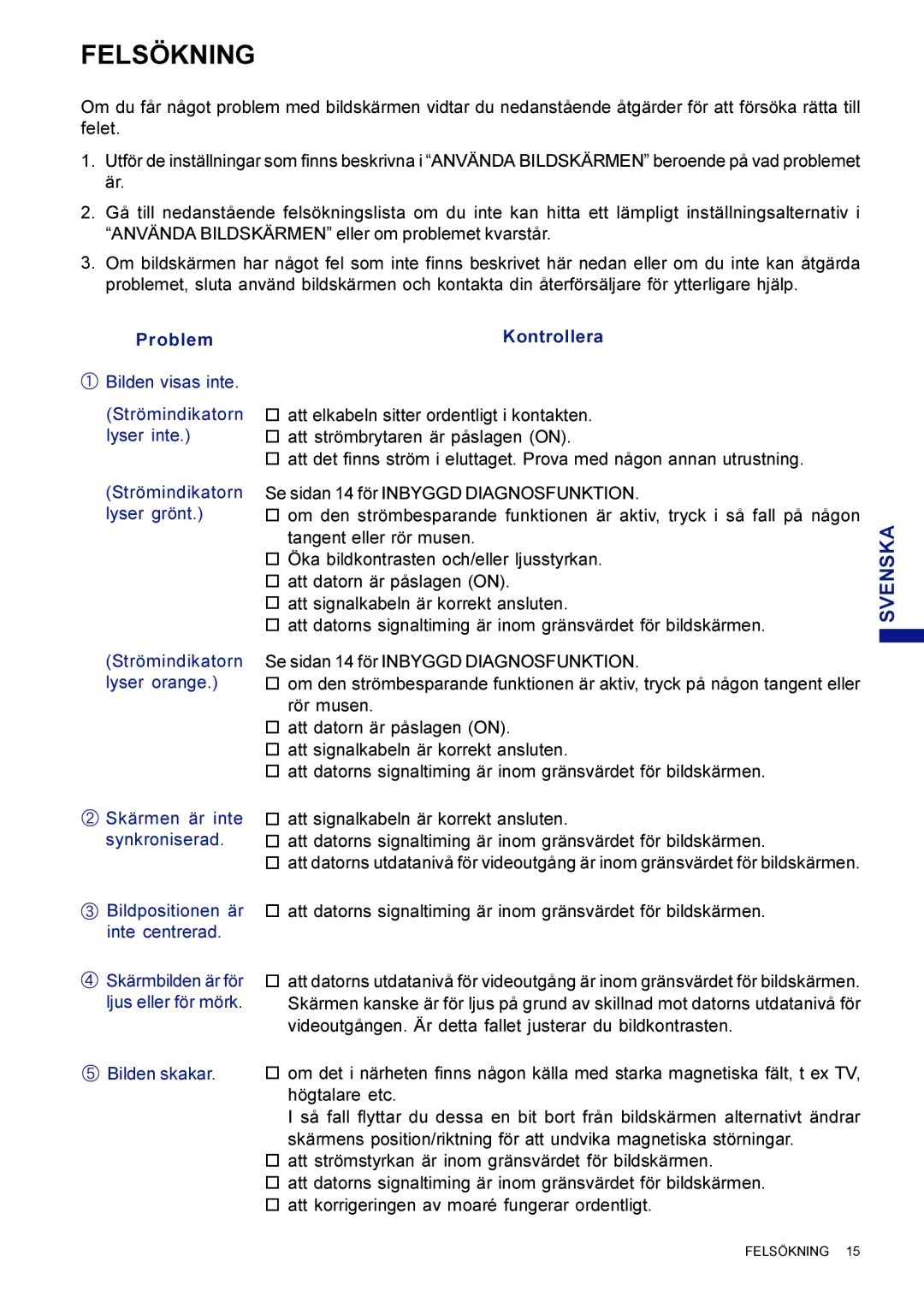 Iiyama HM703UT, HF703UT user manual Felsökning, Strömindikatorn lyser orange, Bilden skakar 