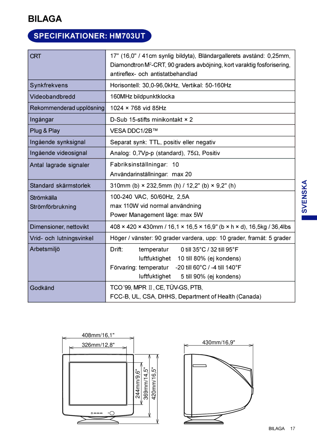 Iiyama HF703UT user manual Bilaga, Specifikationer HM703UT 