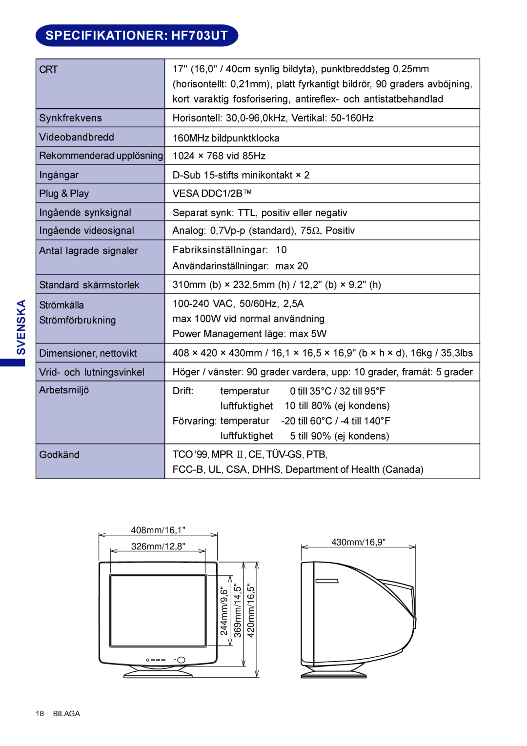 Iiyama HM703UT user manual Specifikationer HF703UT 