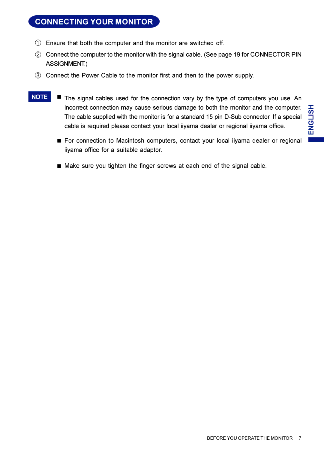 Iiyama HM703UT, HF703UT user manual Connecting Your Monitor 