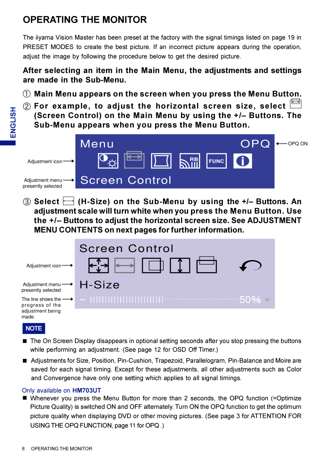 Iiyama HF703UT, HM703UT user manual Opq, Operating the Monitor 