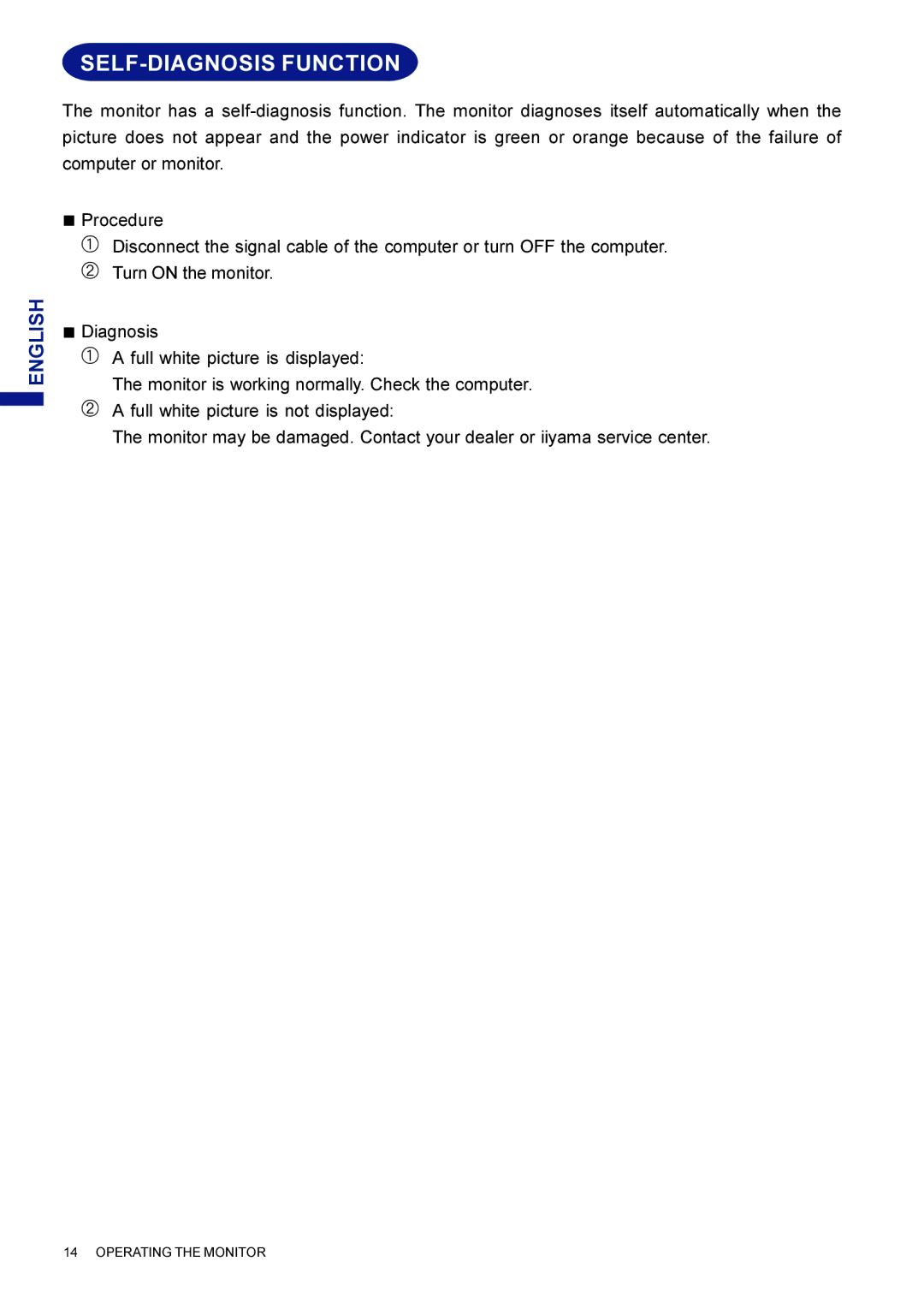 Iiyama HF703UT, HM703UT user manual SELF-DIAGNOSIS Function 