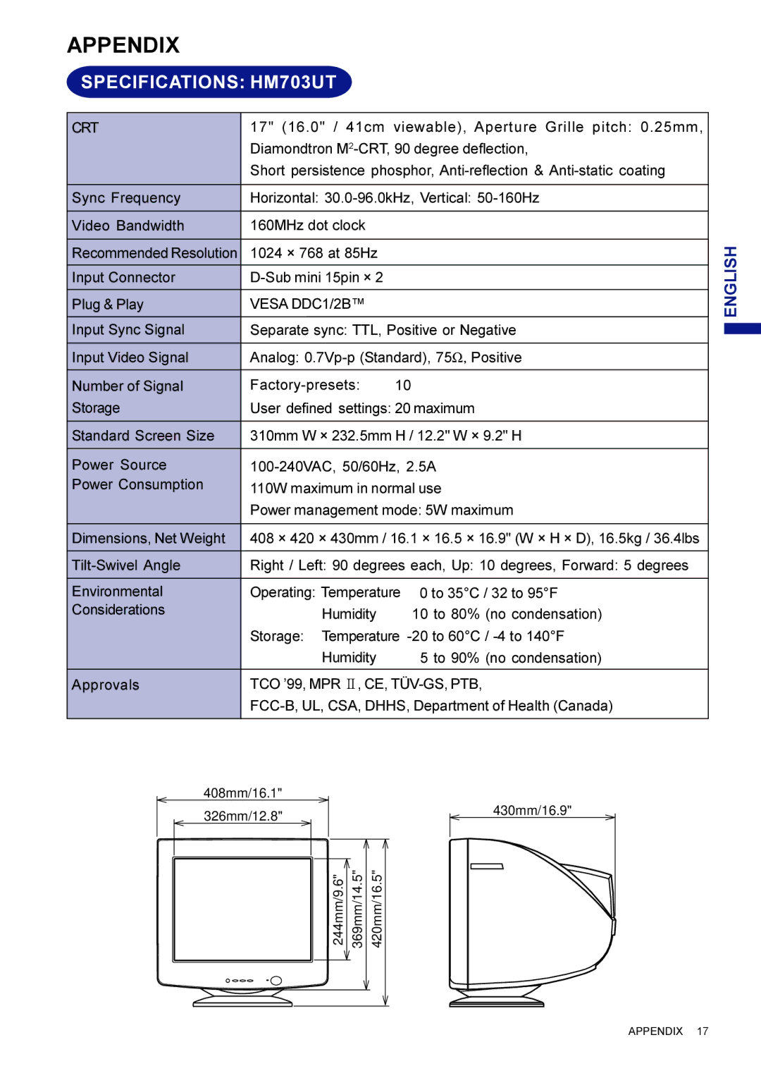 Iiyama HF703UT user manual Appendix, Specifications HM703UT, Crt, Vesa DDC1/2B 