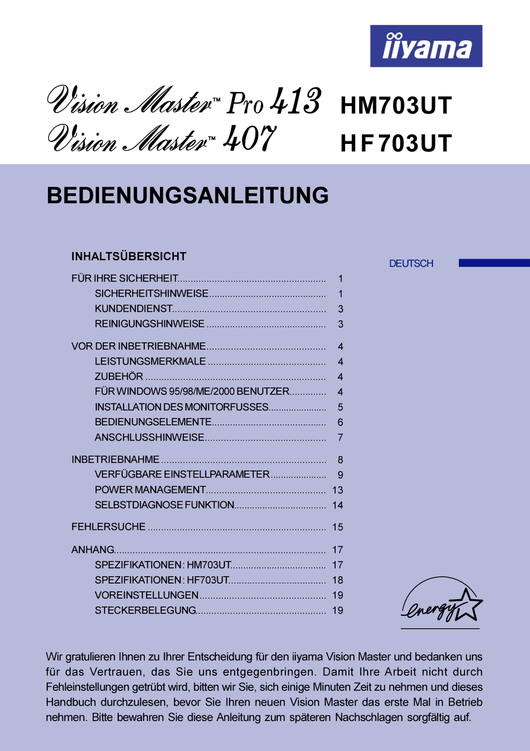 Iiyama HF703UT, HM703UT user manual Bedienungsanleitung 