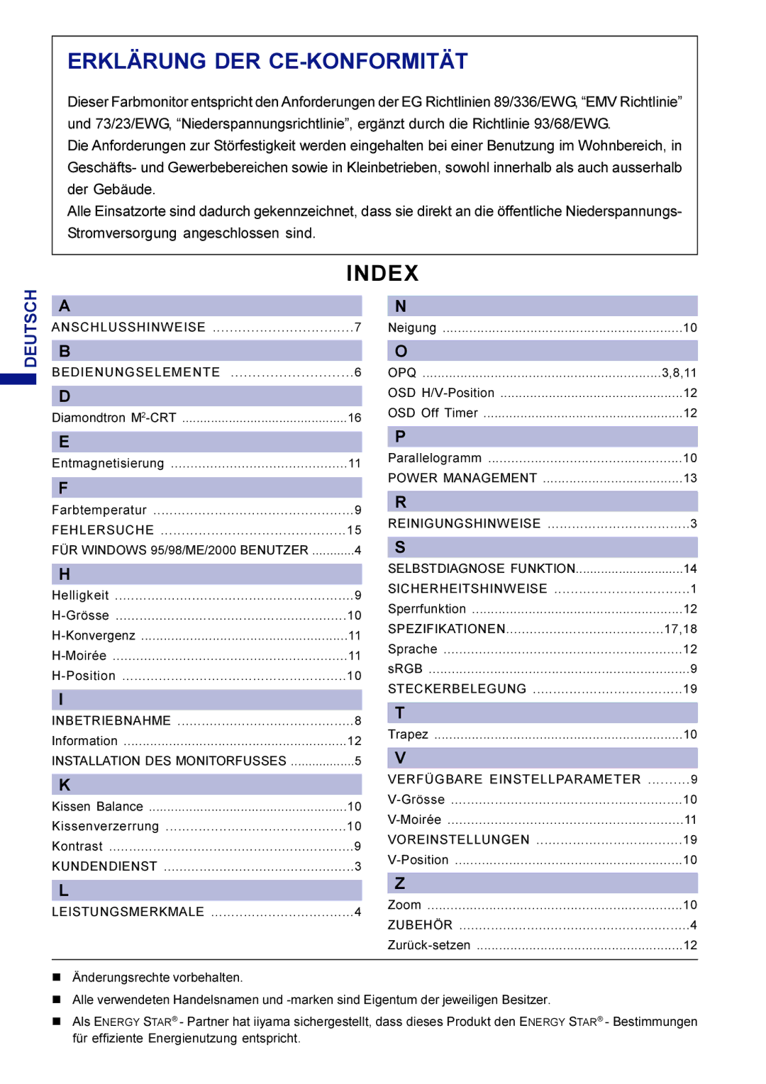 Iiyama HM703UT, HF703UT user manual Index, Deutsch 