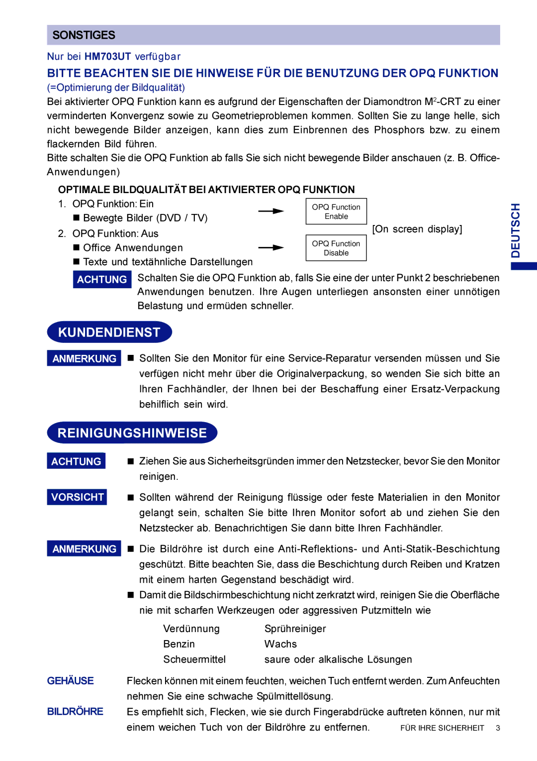 Iiyama HF703UT Kundendienst, Reinigungshinweisecleaning, Nur bei HM703UT verfügbar, =Optimierung der Bildqualität 