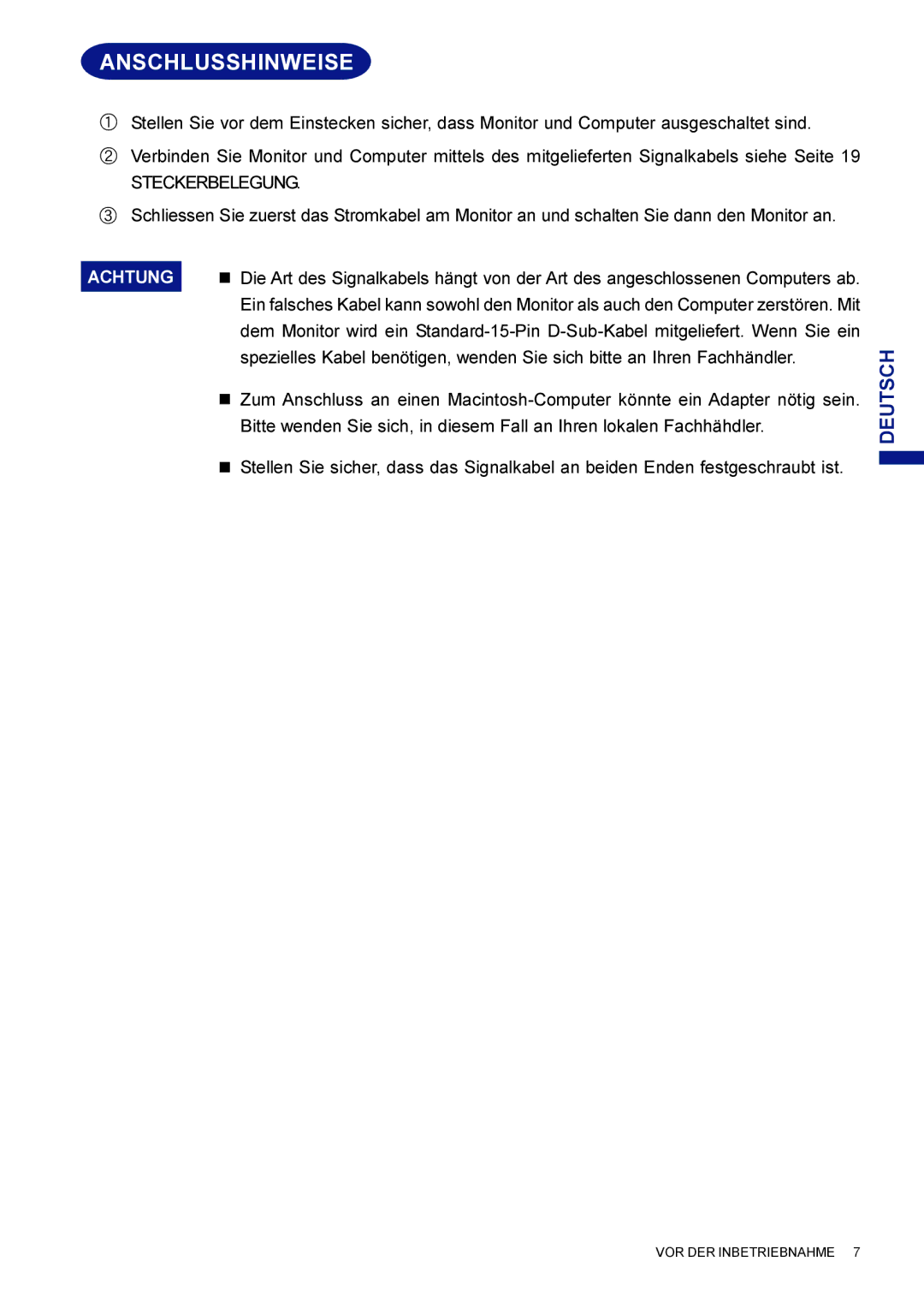 Iiyama HF703UT, HM703UT user manual Anschlusshinweise, Achtung 