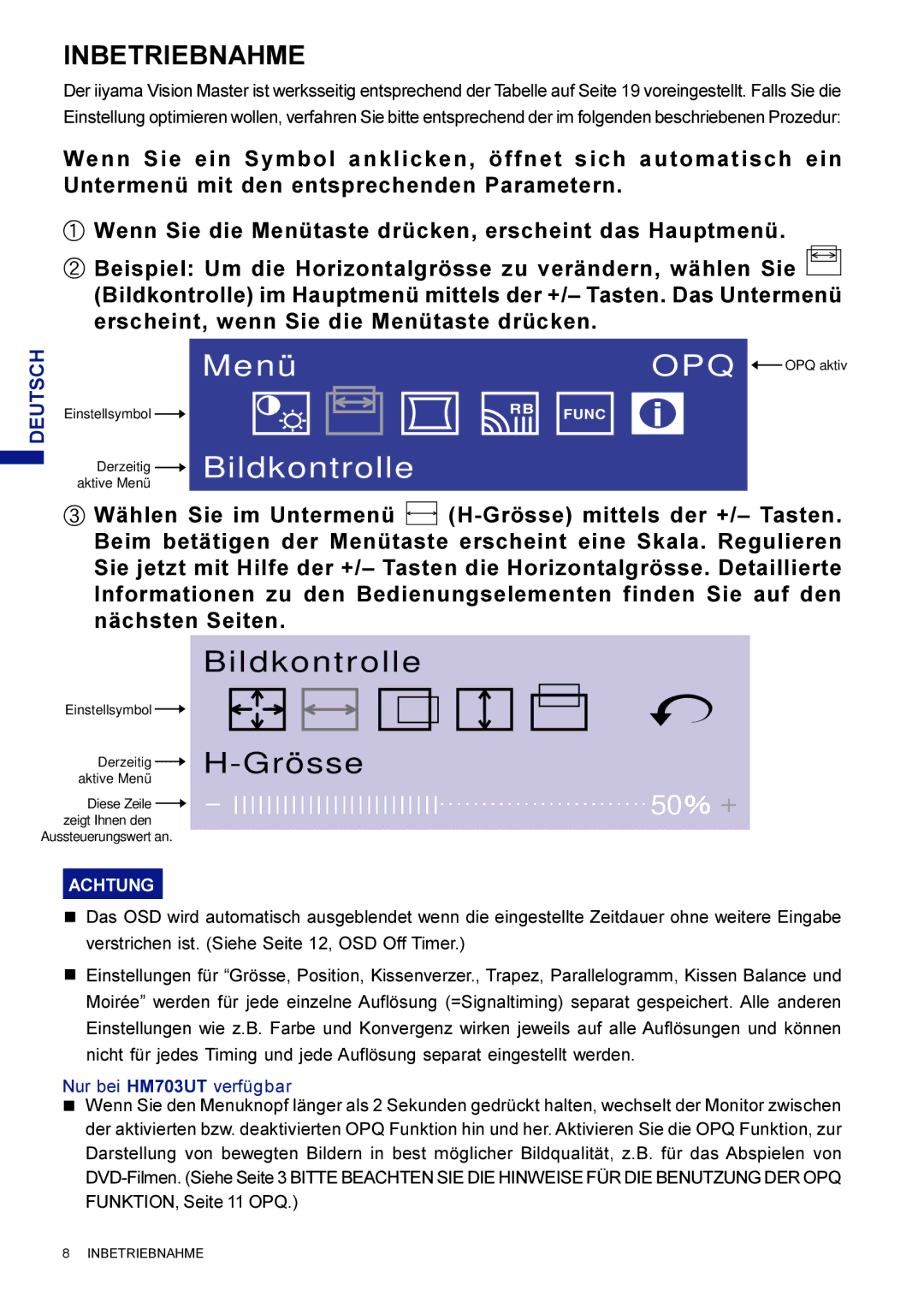 Iiyama HM703UT, HF703UT user manual Bildkontrolle Grö sse, Inbetriebnahme 