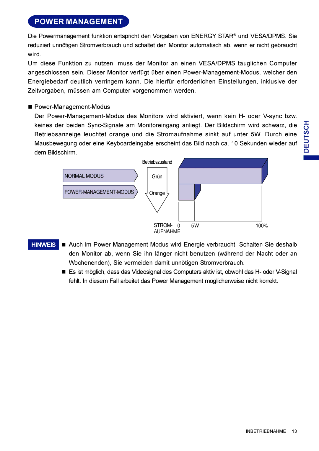 Iiyama HF703UT, HM703UT user manual Power Management, Hinweis 