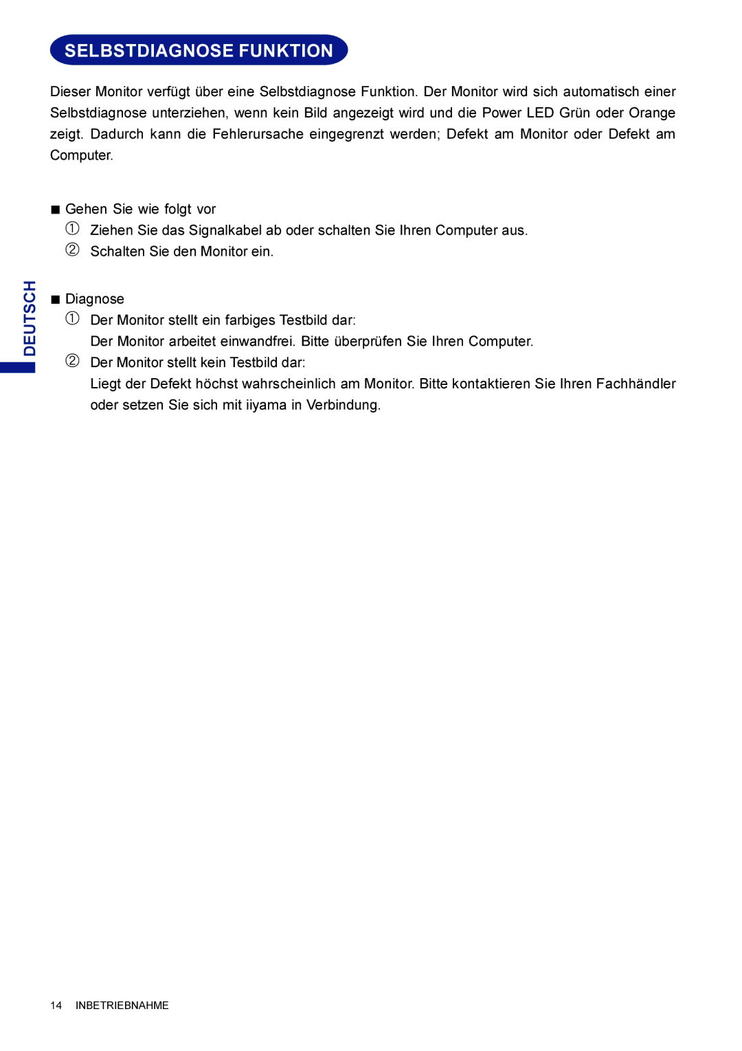 Iiyama HM703UT, HF703UT user manual Selbstdiagnose Funktion 