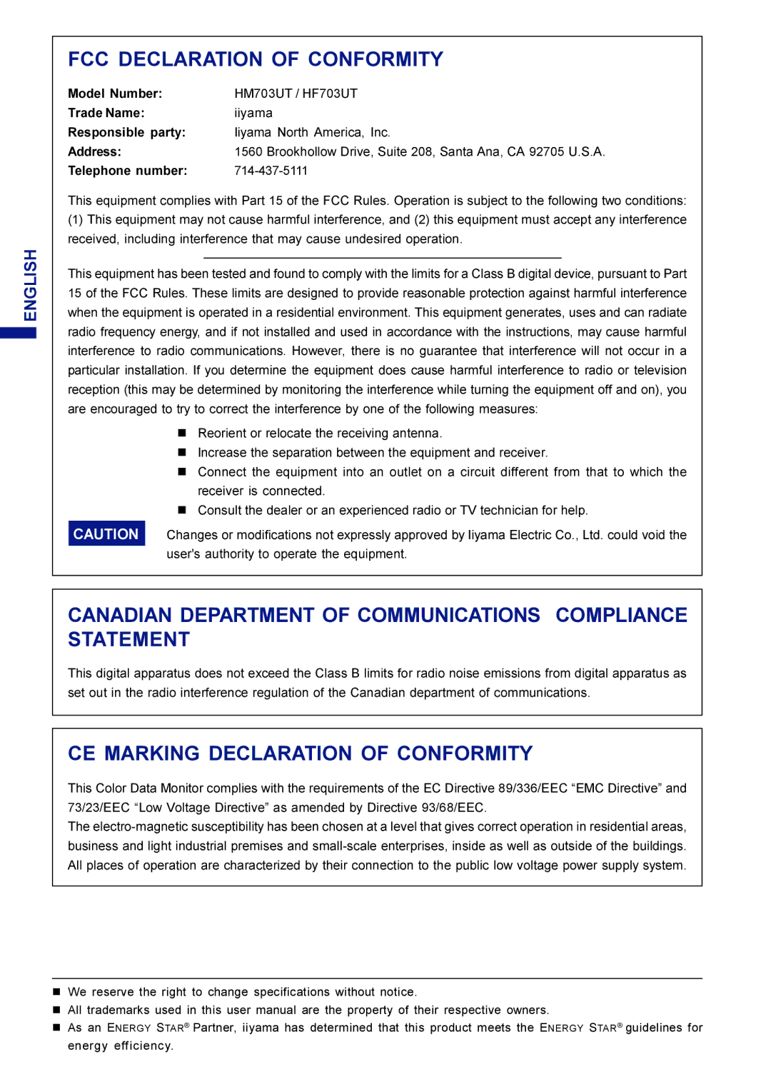 Iiyama HF703UT, HM703UT user manual FCC Declaration of Conformity 