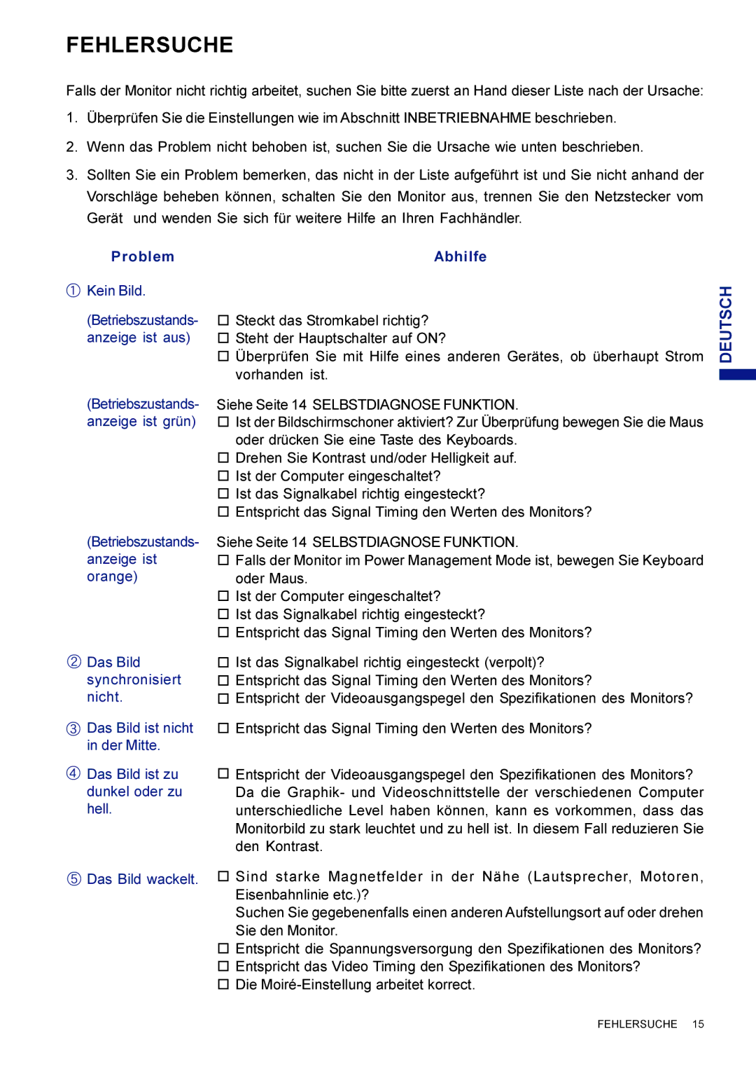 Iiyama HF703UT, HM703UT user manual Fehlersuche, ProblemAbhilfe Kein Bild 