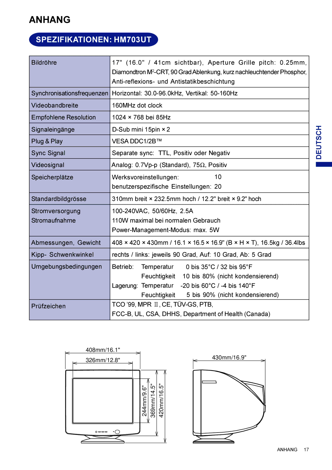 Iiyama HF703UT user manual Anhang, Spezifikationen HM703UT 