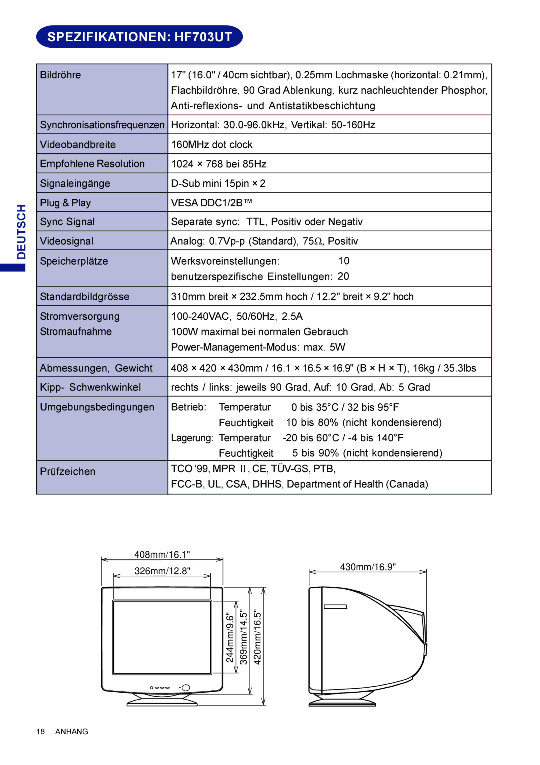 Iiyama HM703UT user manual Spezifikationen HF703UT 