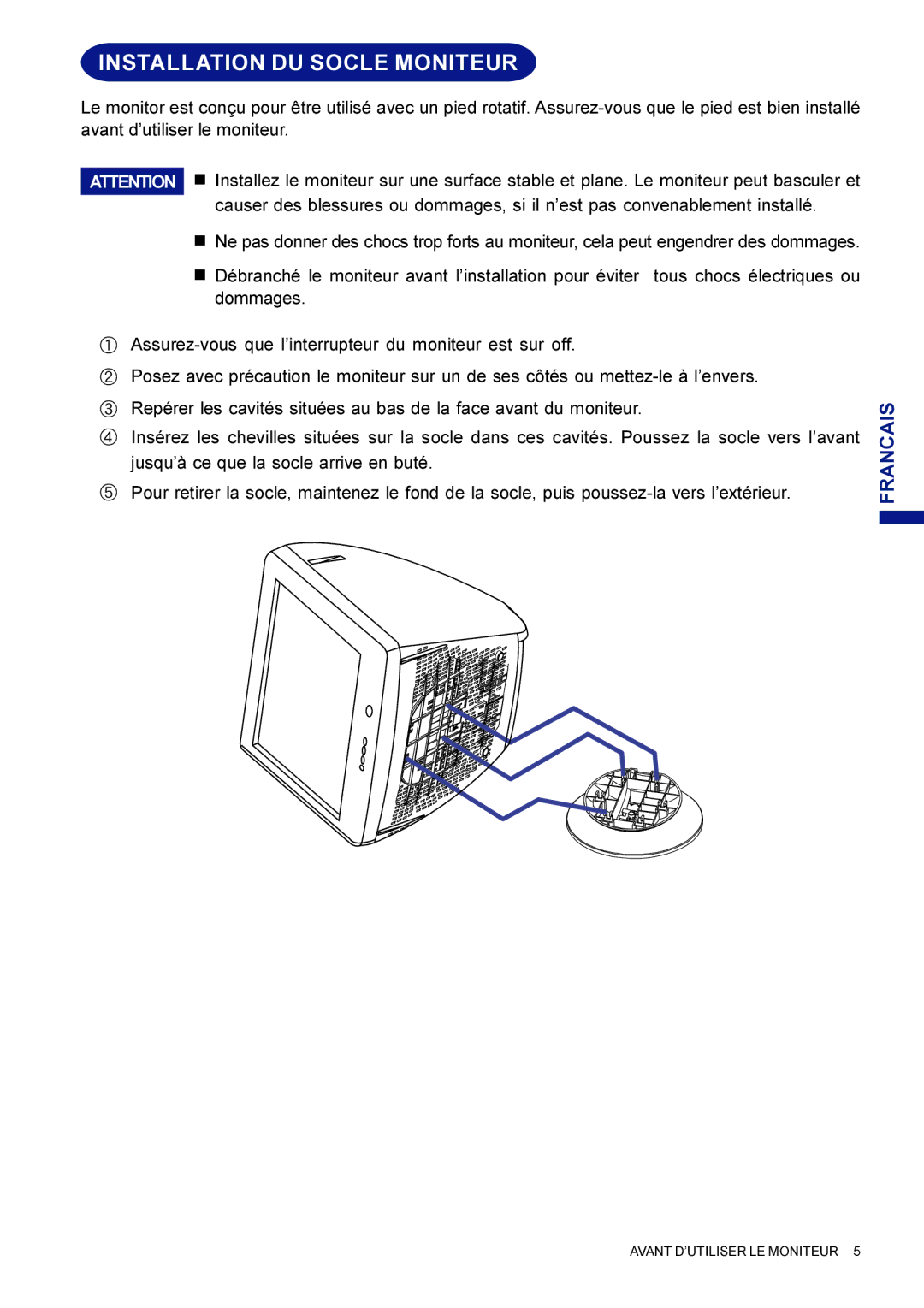 Iiyama HM703UT, HF703UT user manual Installation DU Socle Moniteur 