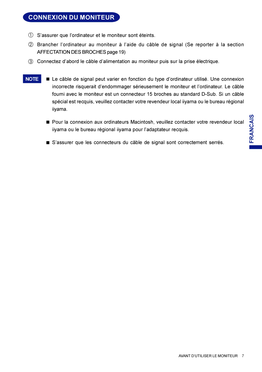 Iiyama HM703UT, HF703UT user manual Connexion DU Moniteur 