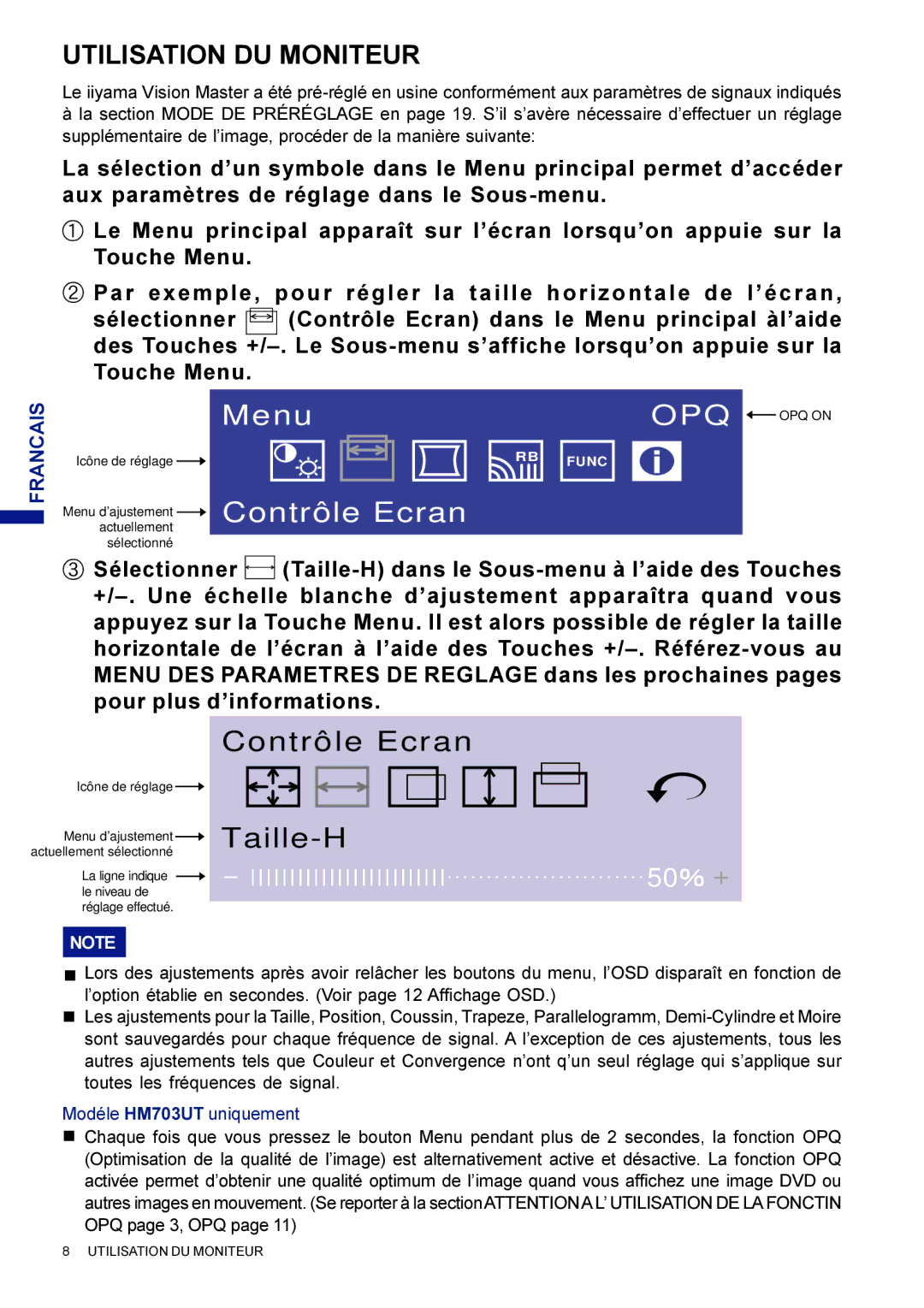 Iiyama HF703UT, HM703UT user manual Opq, Utilisation DU Moniteur 