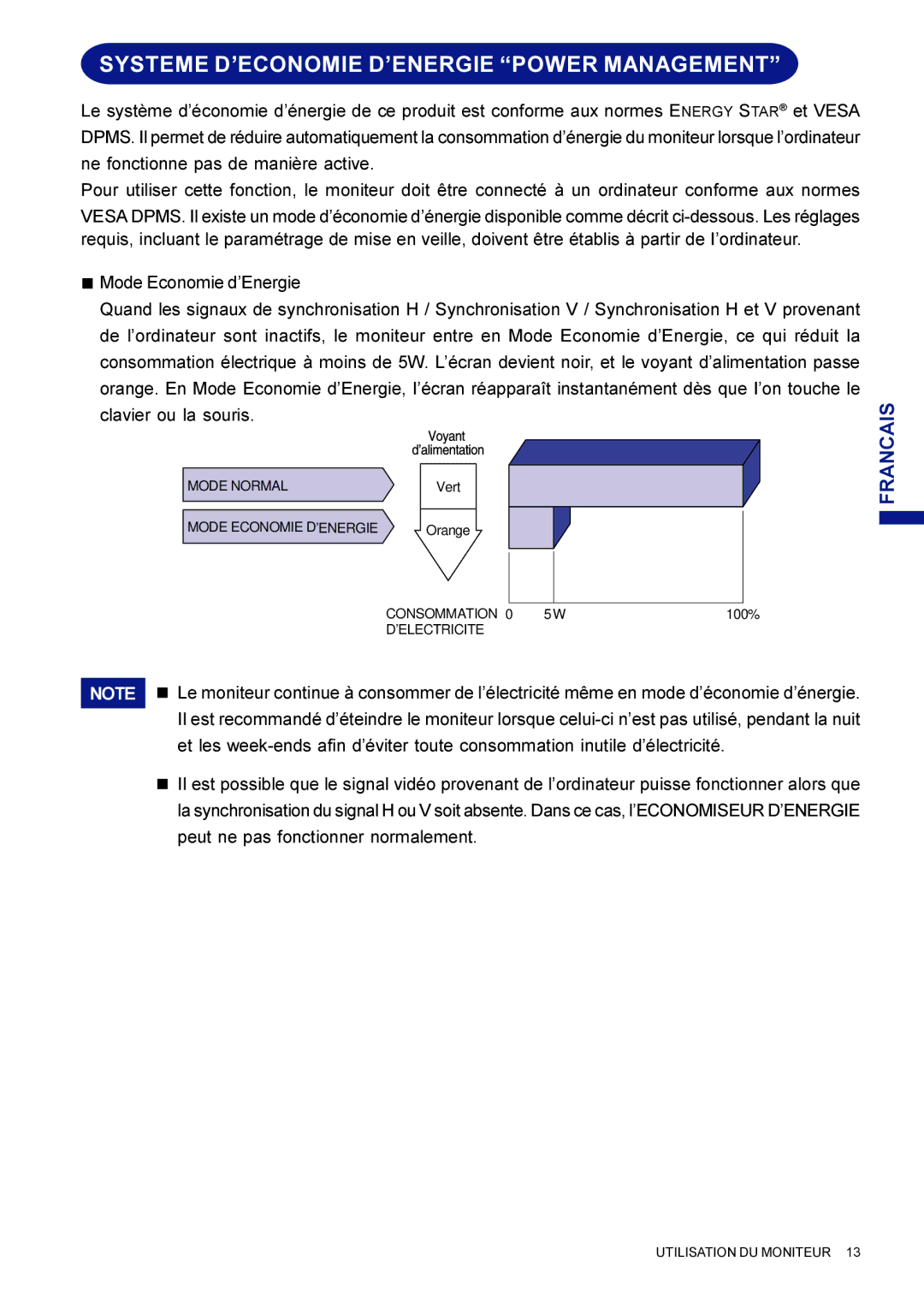 Iiyama HM703UT, HF703UT user manual Systeme D’ECONOMIE D’ENERGIE Power Management 