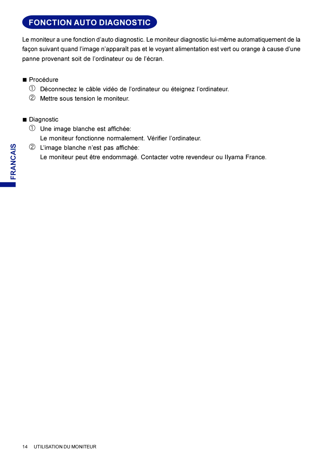 Iiyama HF703UT, HM703UT user manual Fonction Auto Diagnostic 