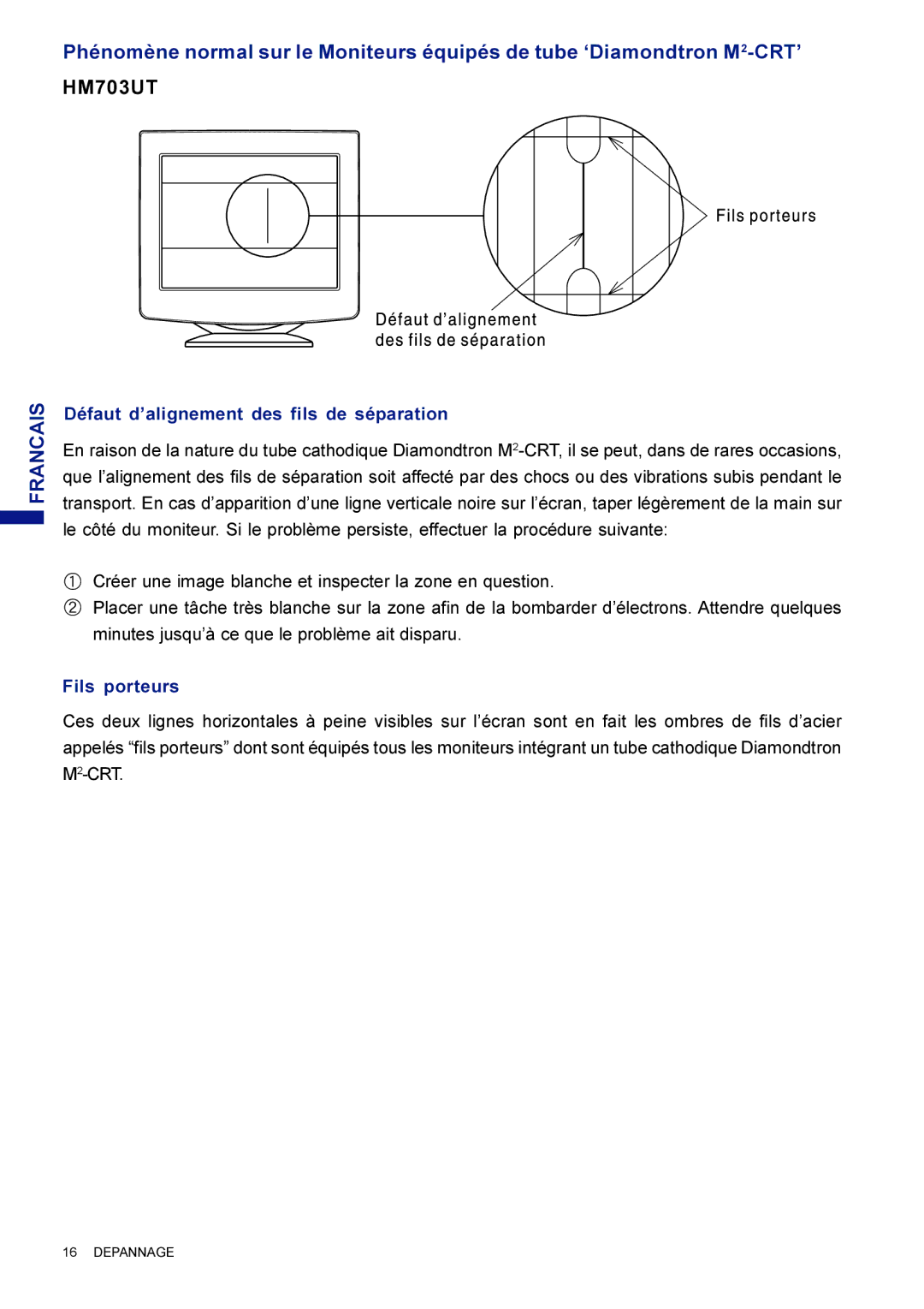 Iiyama HF703UT, HM703UT user manual Défaut d’alignement des fils de séparation, Fils porteurs, M2-CRT 