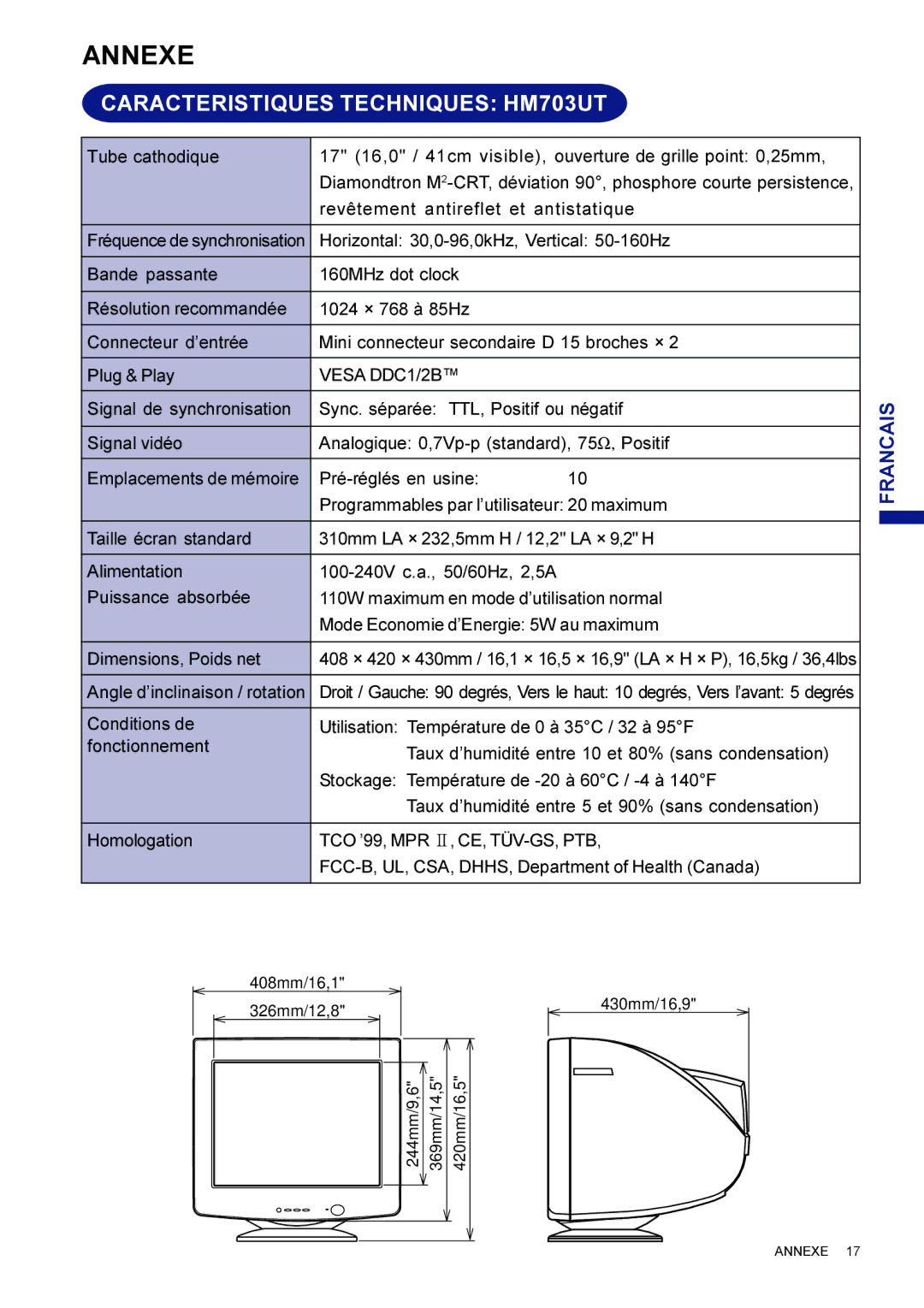 Iiyama HF703UT user manual Annexe, Caracteristiques Techniques HM703UT 