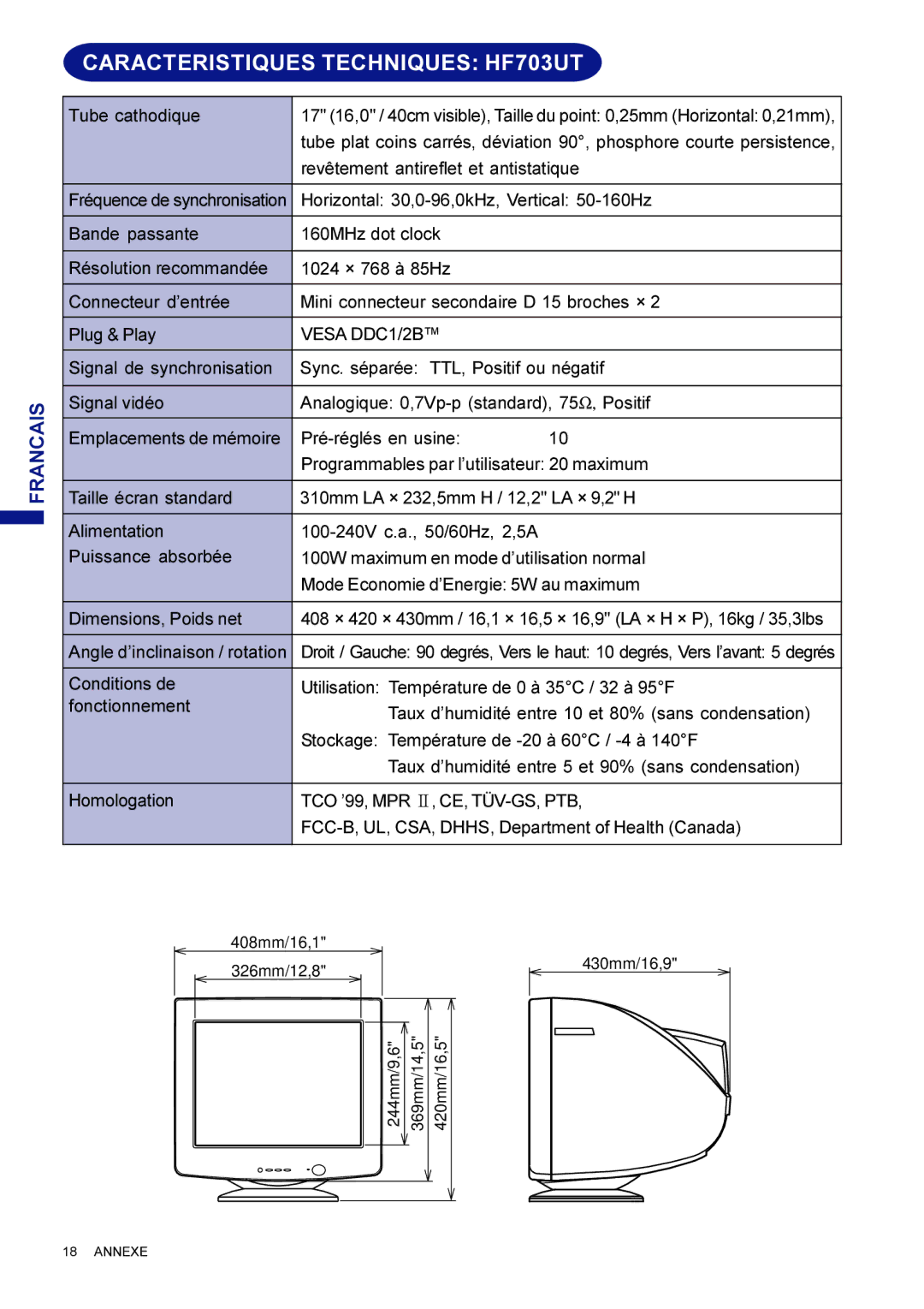 Iiyama HM703UT user manual Caracteristiques Techniques HF703UT 