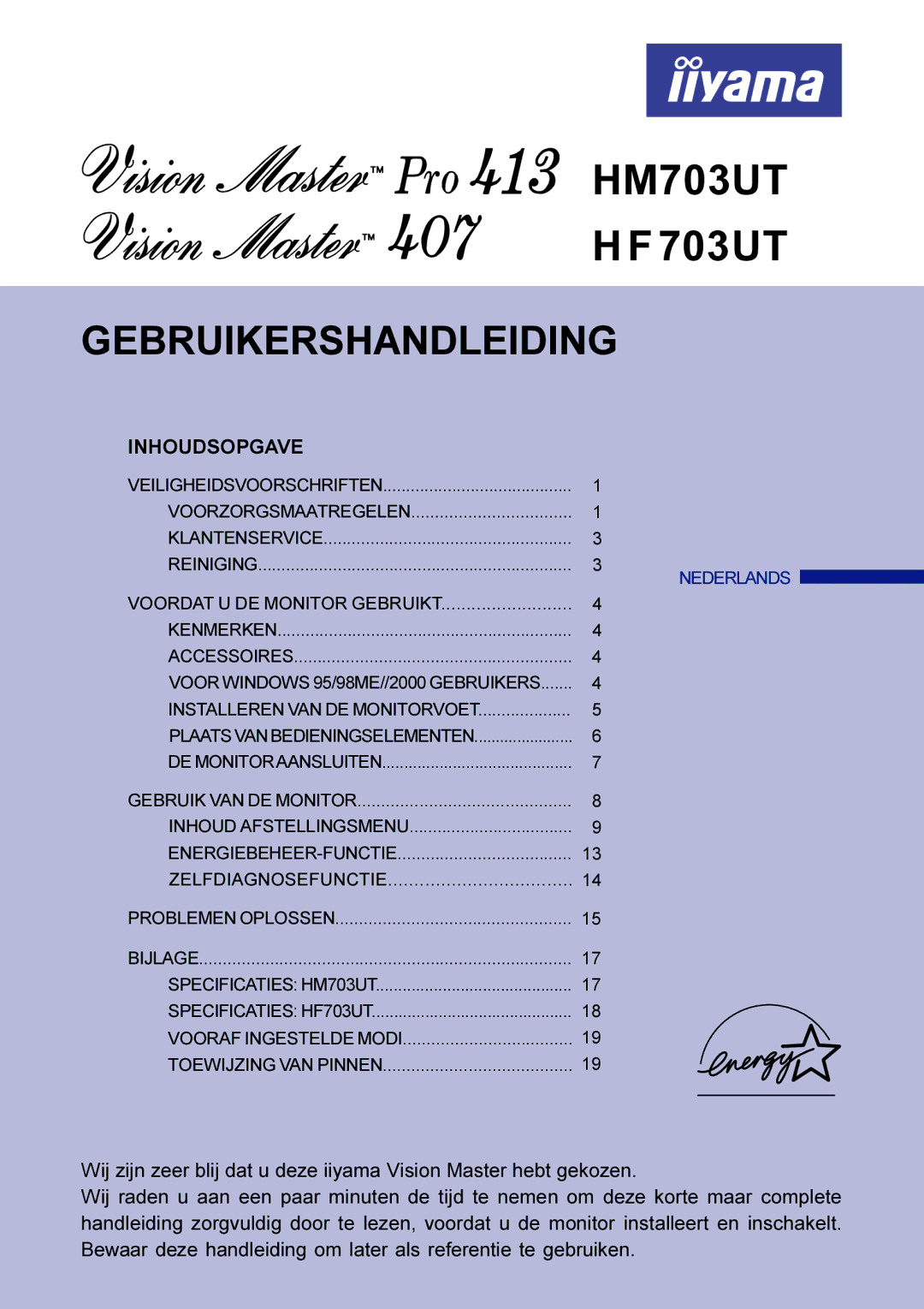 Iiyama HF703UT, HM703UT user manual Gebruikershandleiding 