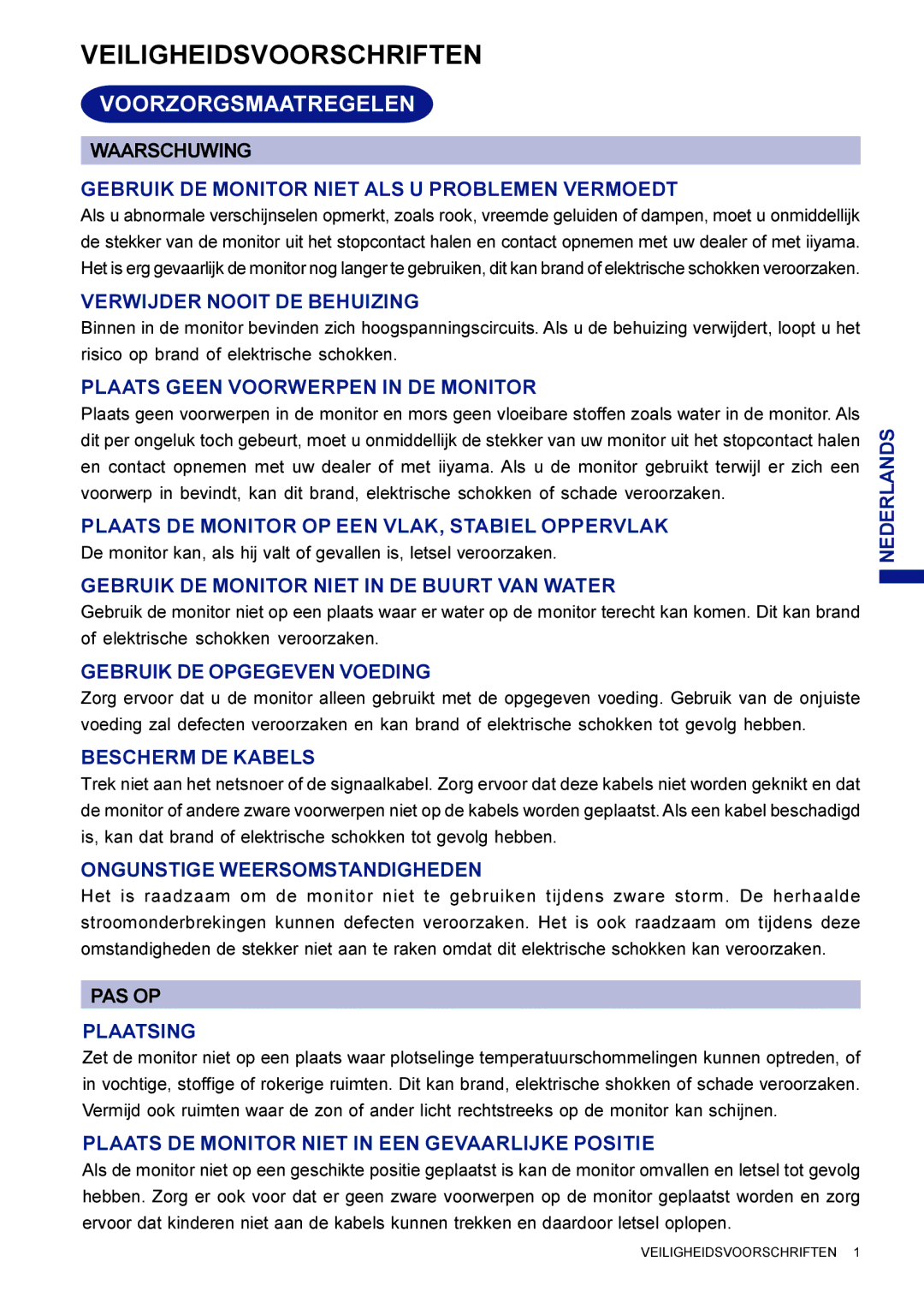 Iiyama HF703UT, HM703UT user manual Veiligheidsvoorschriften, Voorzorgsmaatregelen 