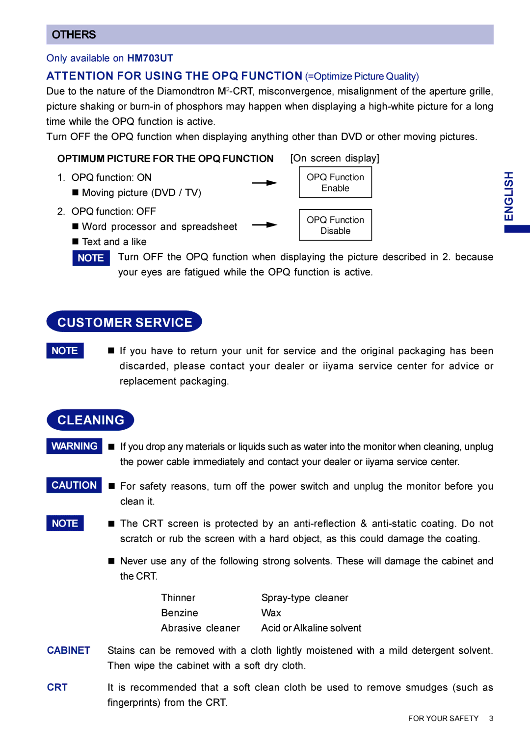 Iiyama HF703UT user manual Customer Service, Cleaning, Only available on HM703UT 