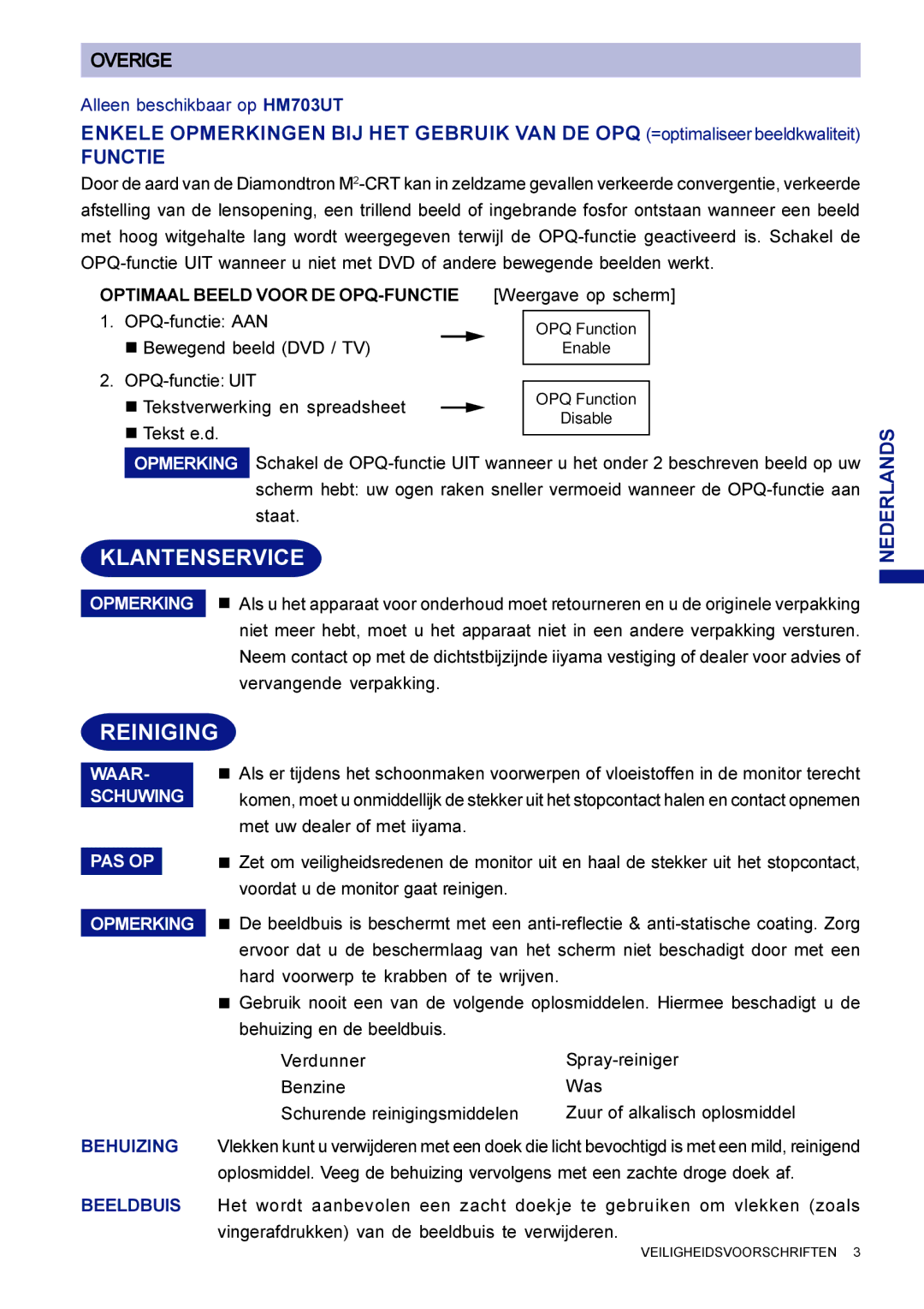 Iiyama HF703UT user manual Klantenservice, Reiniging, Functie, Alleen beschikbaar op HM703UT 