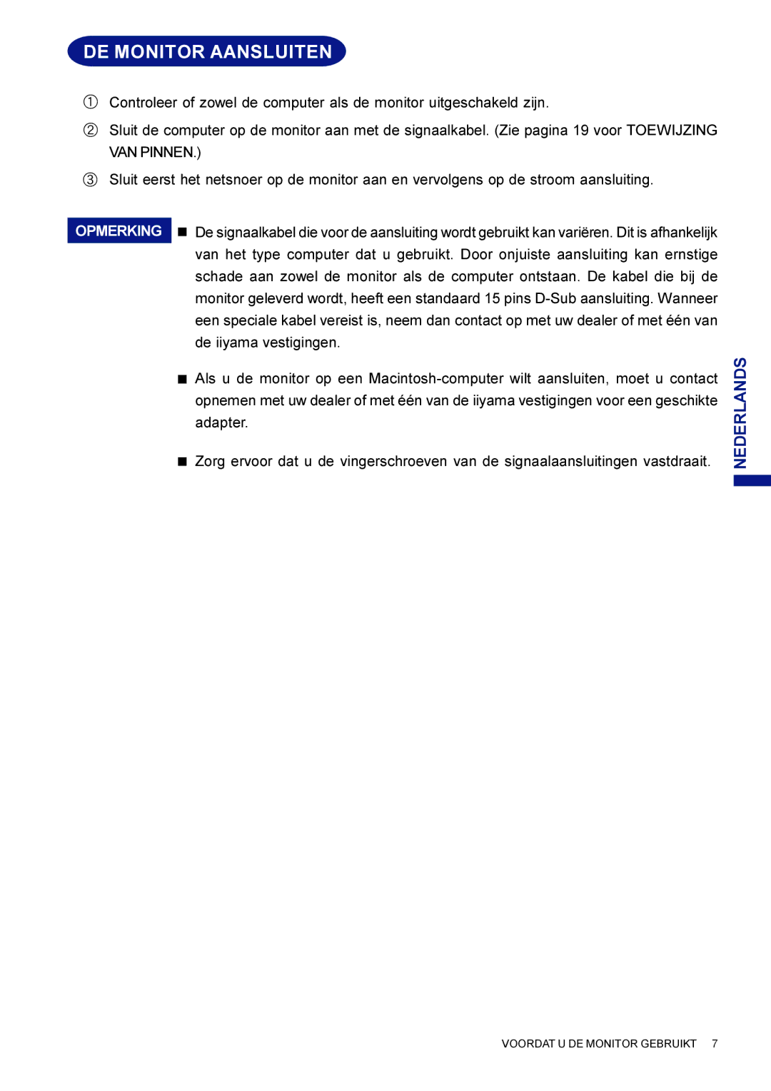 Iiyama HF703UT, HM703UT user manual DE Monitor Aansluiten 